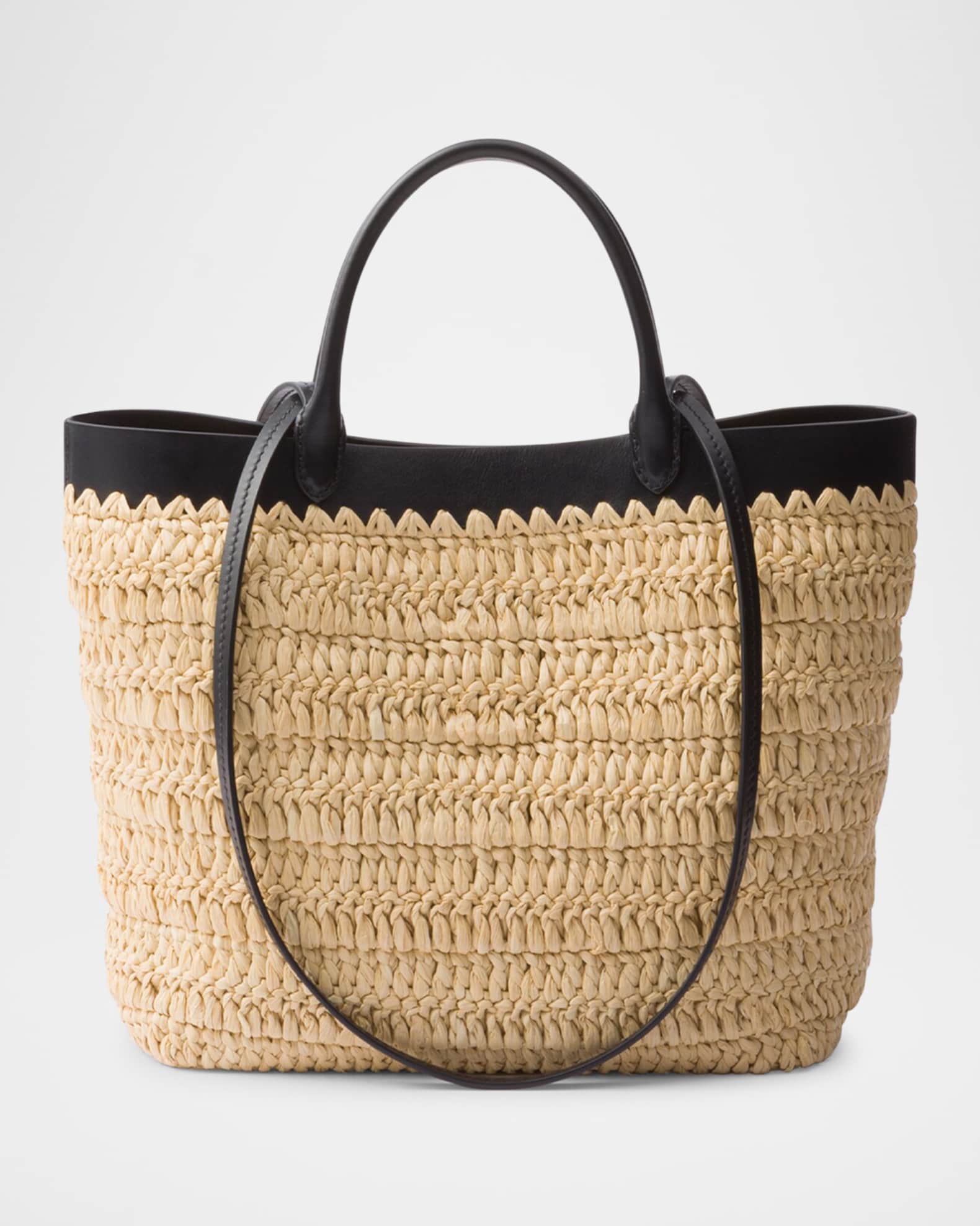 かごバッグ PRADA 1BG500_2M2Q SMALL CROCHET AND LEATHER TOTE BAG Prada Small Crochet and Leather Tote Bag | Neiman Marcus
