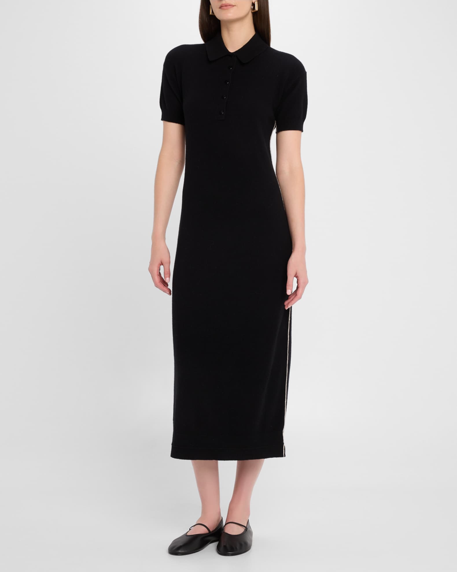 Short-Sleeve Cashmere Knit Midi Polo Dress