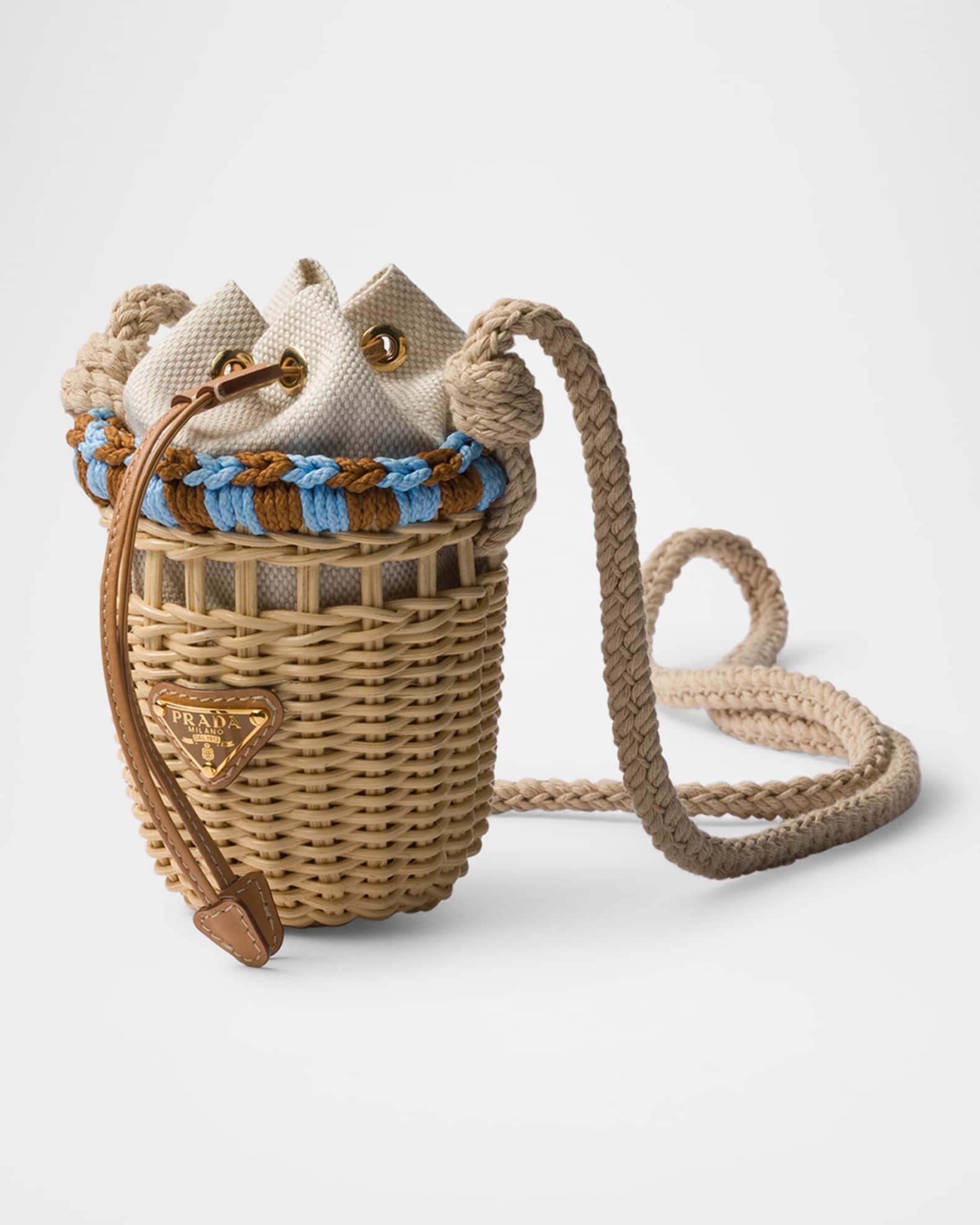 PRADA 新作 かごバッグ Mini wicker and linen blend tote bag PRADA Mini wicker and linen blend tote bag