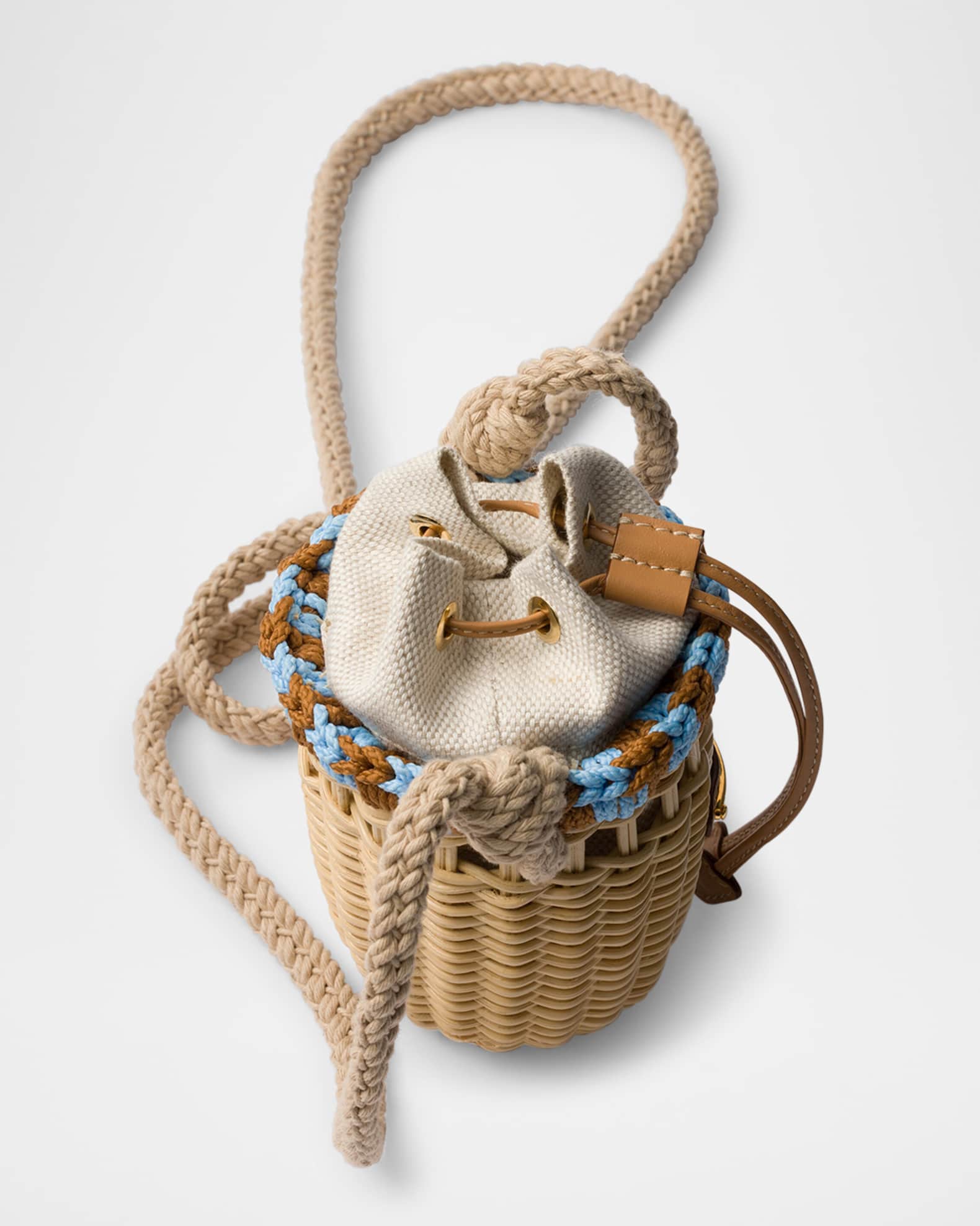 Prada Wicker and Linen-Blend Mini Bucket Bag | Neiman Marcus