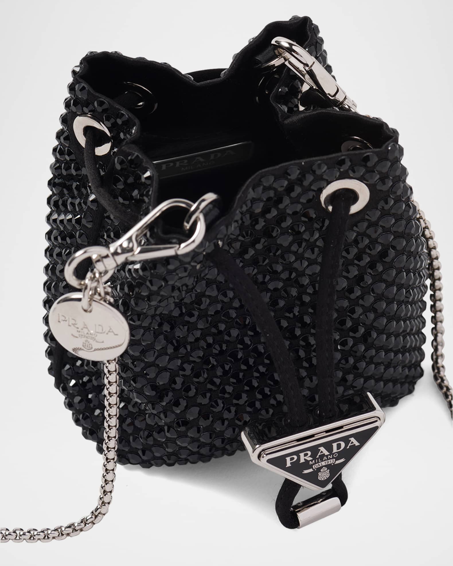 ショルダーバッグ・ポシェット Prada mini bucket bag 希少】PRADA◇ラインストーン サテン ミニバッグ ストラップ付