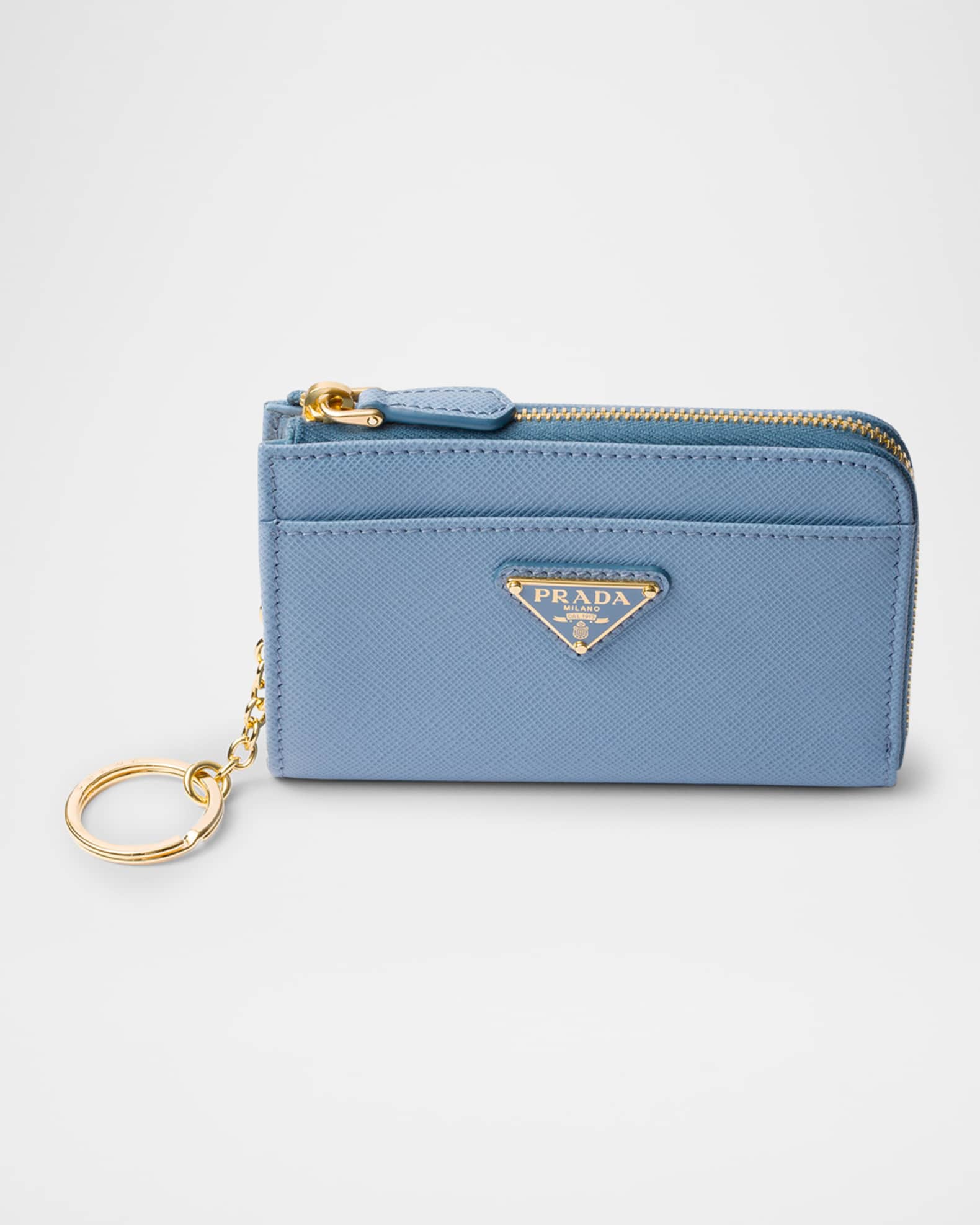 【PRADA】Triangle logo Saffiano zip card holder Prada Triangle Logo Saffiano Leather Zip Card Case | Neiman