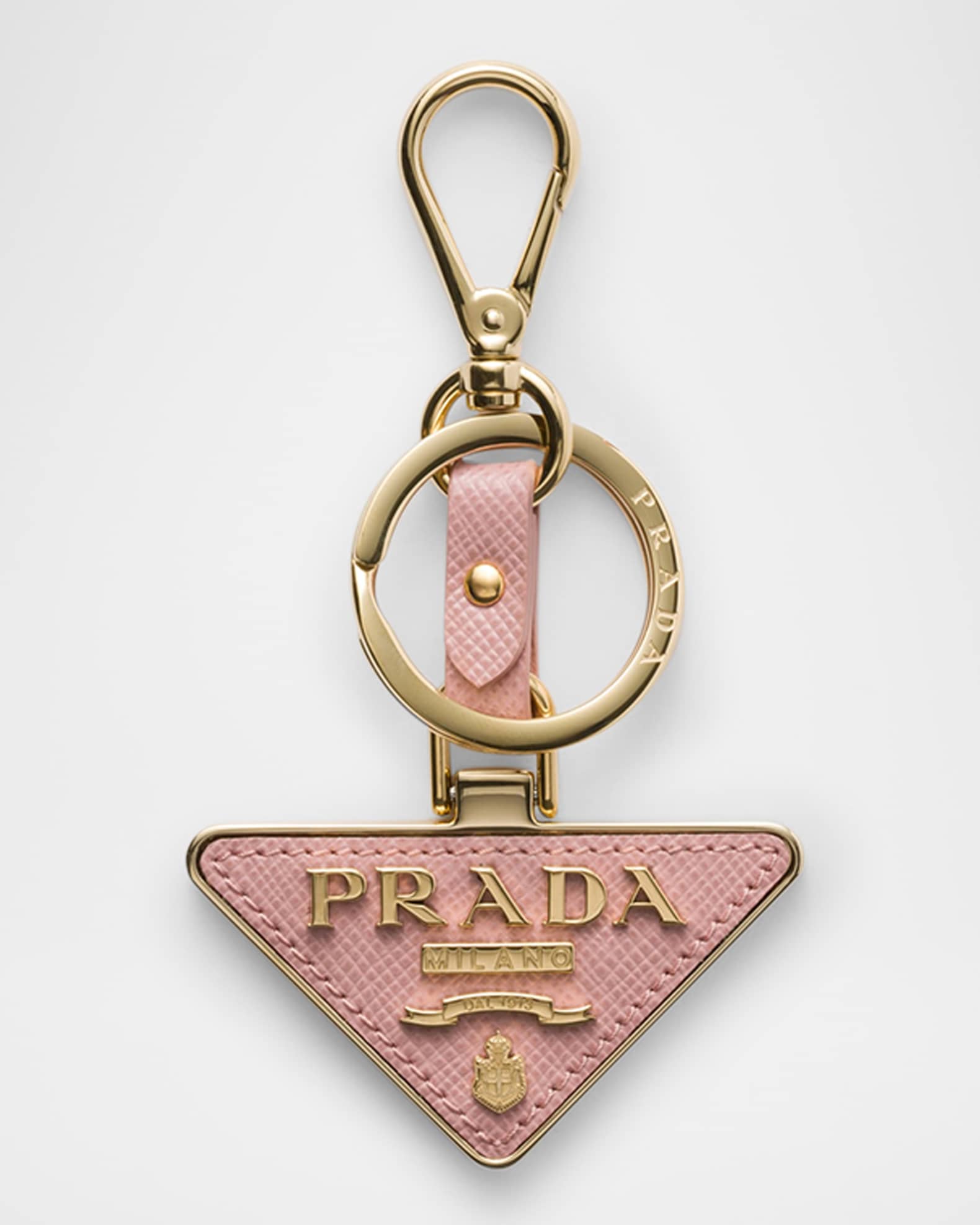 Prada Saffiano Leather and Metal Triangle Logo Keychain | Neiman