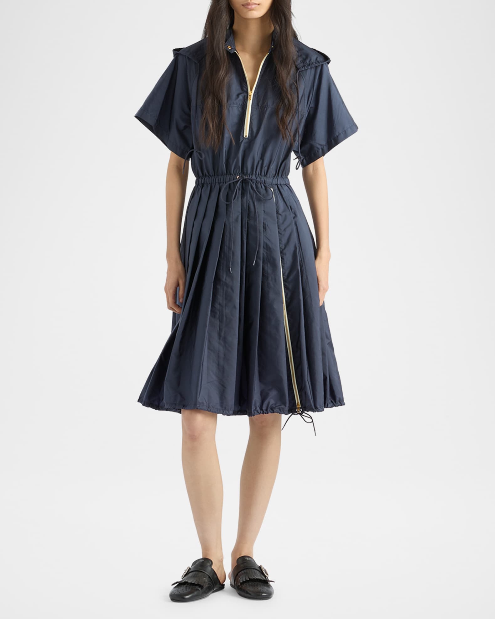 Prada Pleated Light Re-Nylon Zip Hooded Midi Dress | Neiman Marcus