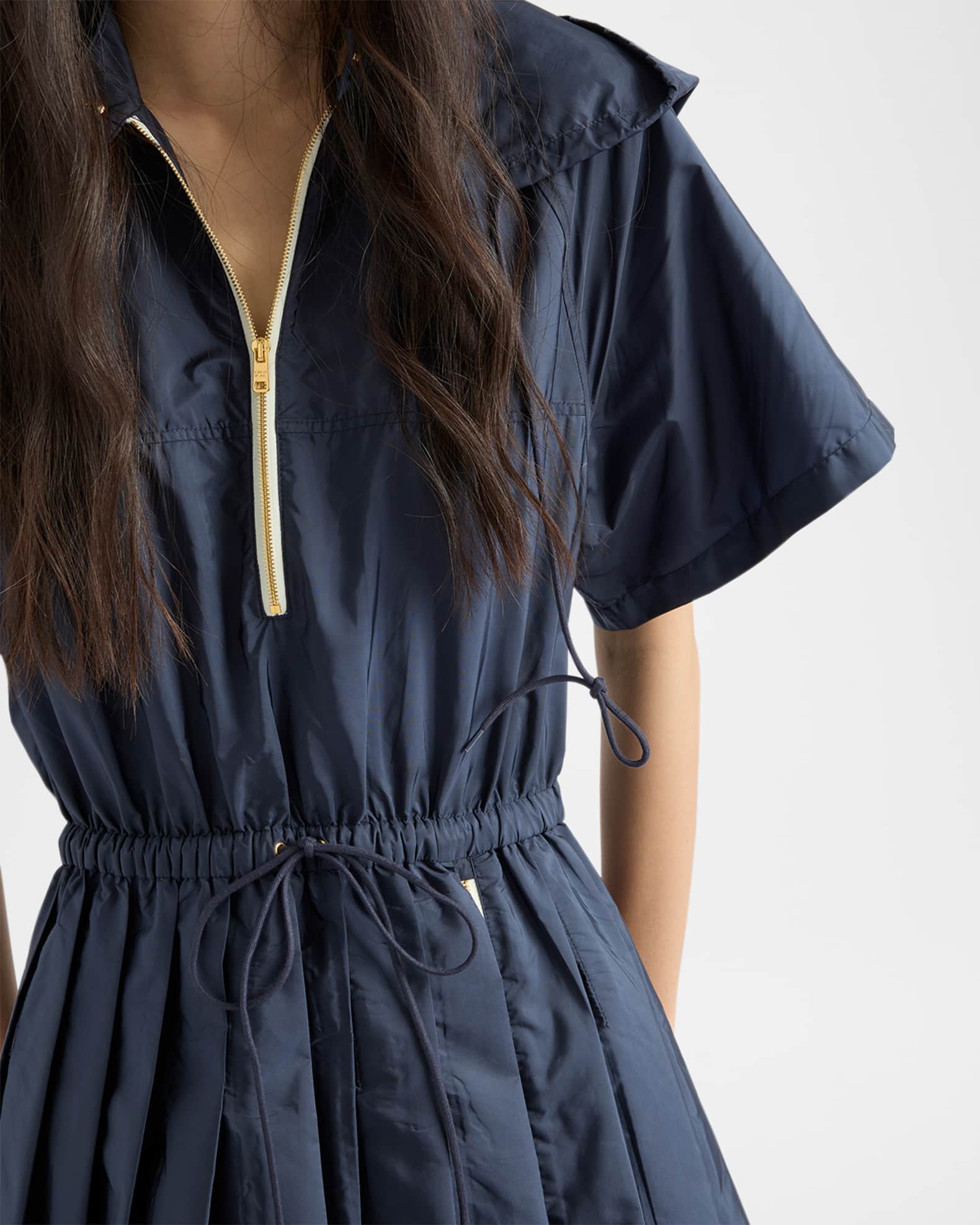 Prada Pleated Light Re-Nylon Zip Hooded Midi Dress | Neiman Marcus