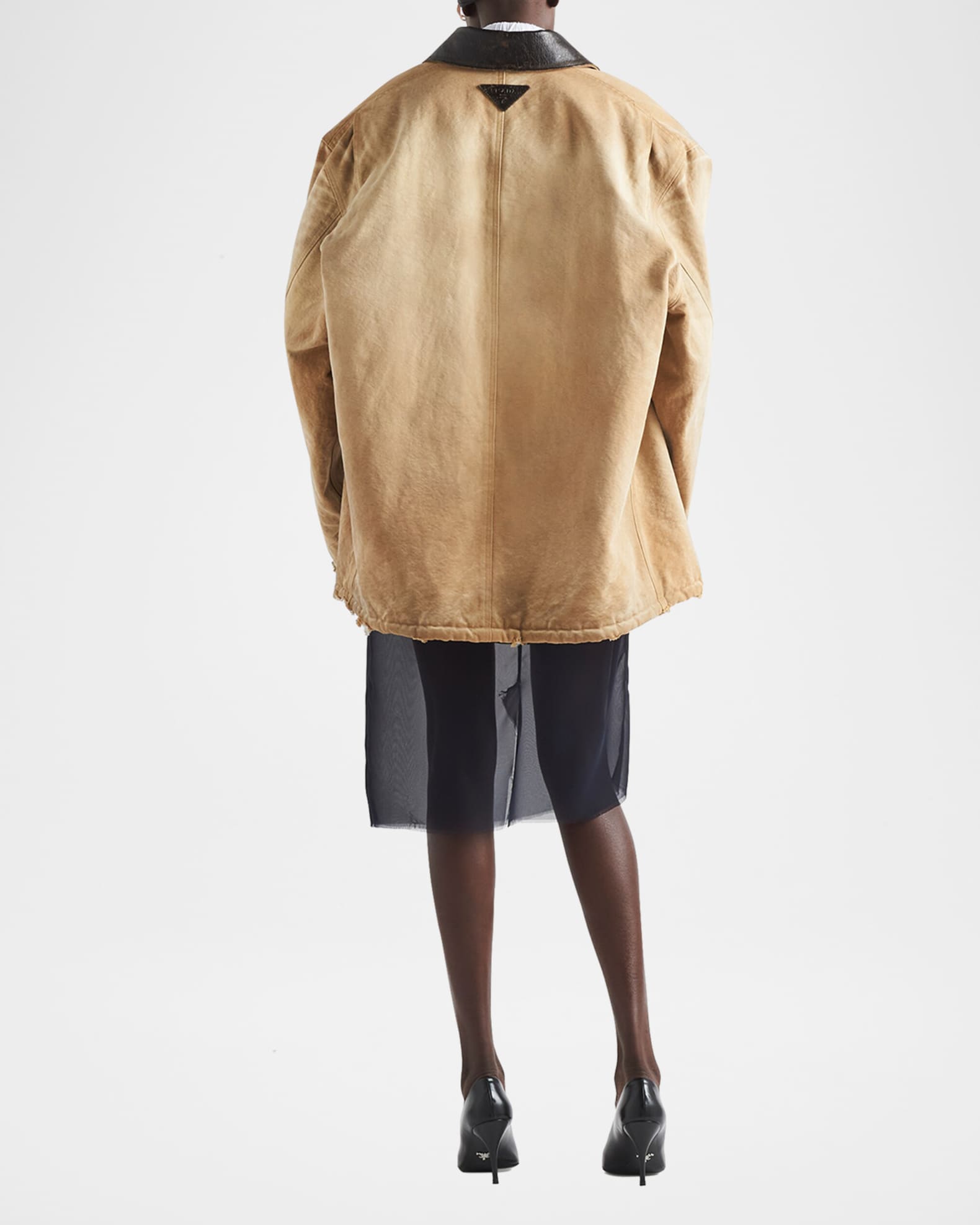 Prada Leather Collar Old Canvas Oversized Jacket | Neiman Marcus