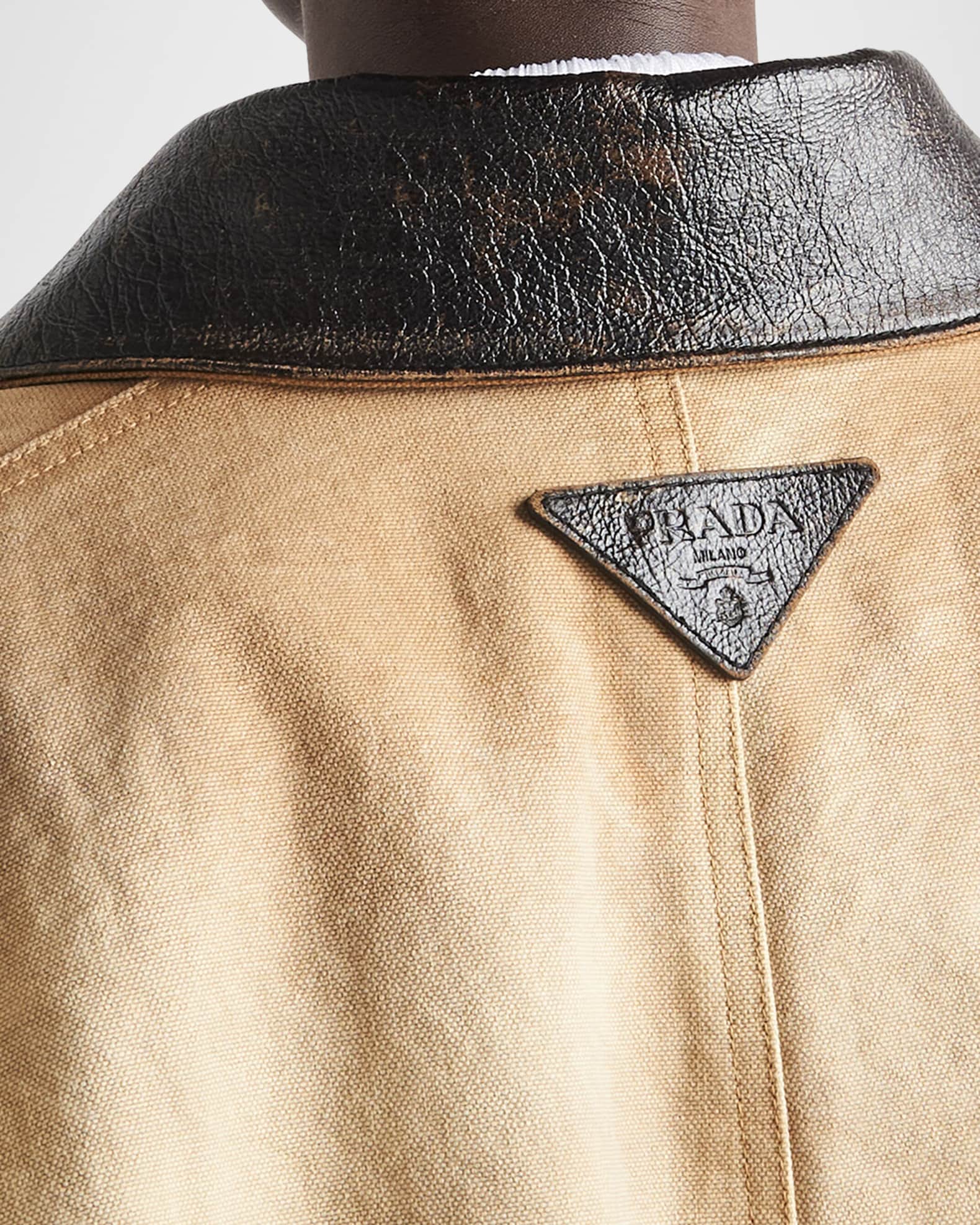 Prada Leather Collar Old Canvas Oversized Jacket | Neiman Marcus
