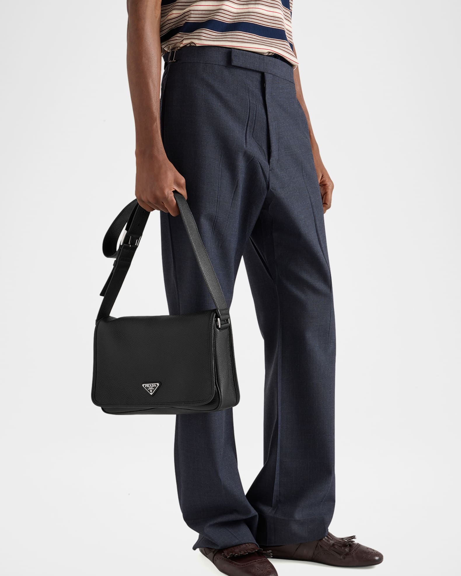 Prada Men's Grained Leather Flap Crossbody Bag | Neiman Marcus