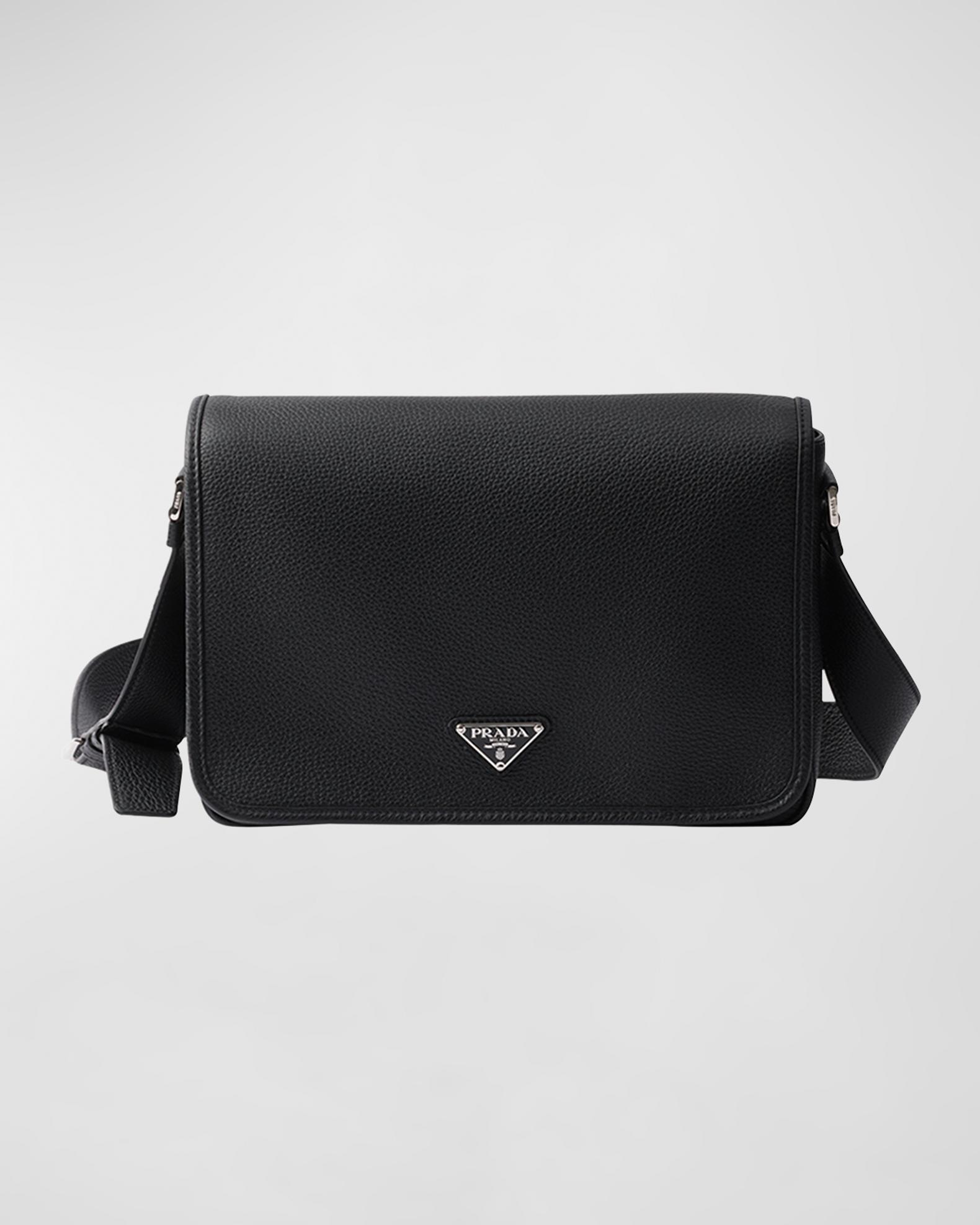 Prada Men's Grained Leather Flap Crossbody Bag | Neiman Marcus