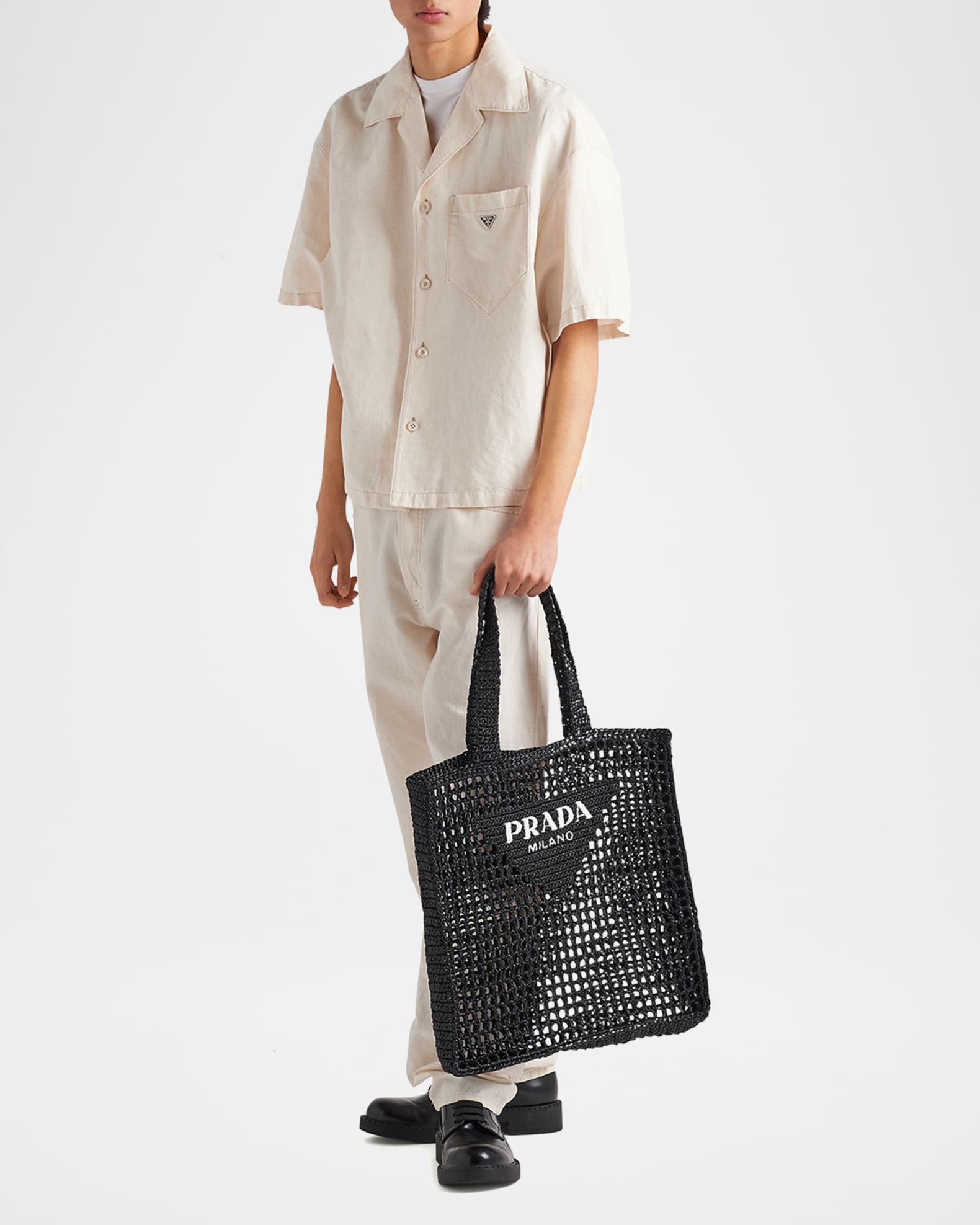 Prada Men's Triangle Logo Raffia Tote Bag | Neiman Marcus