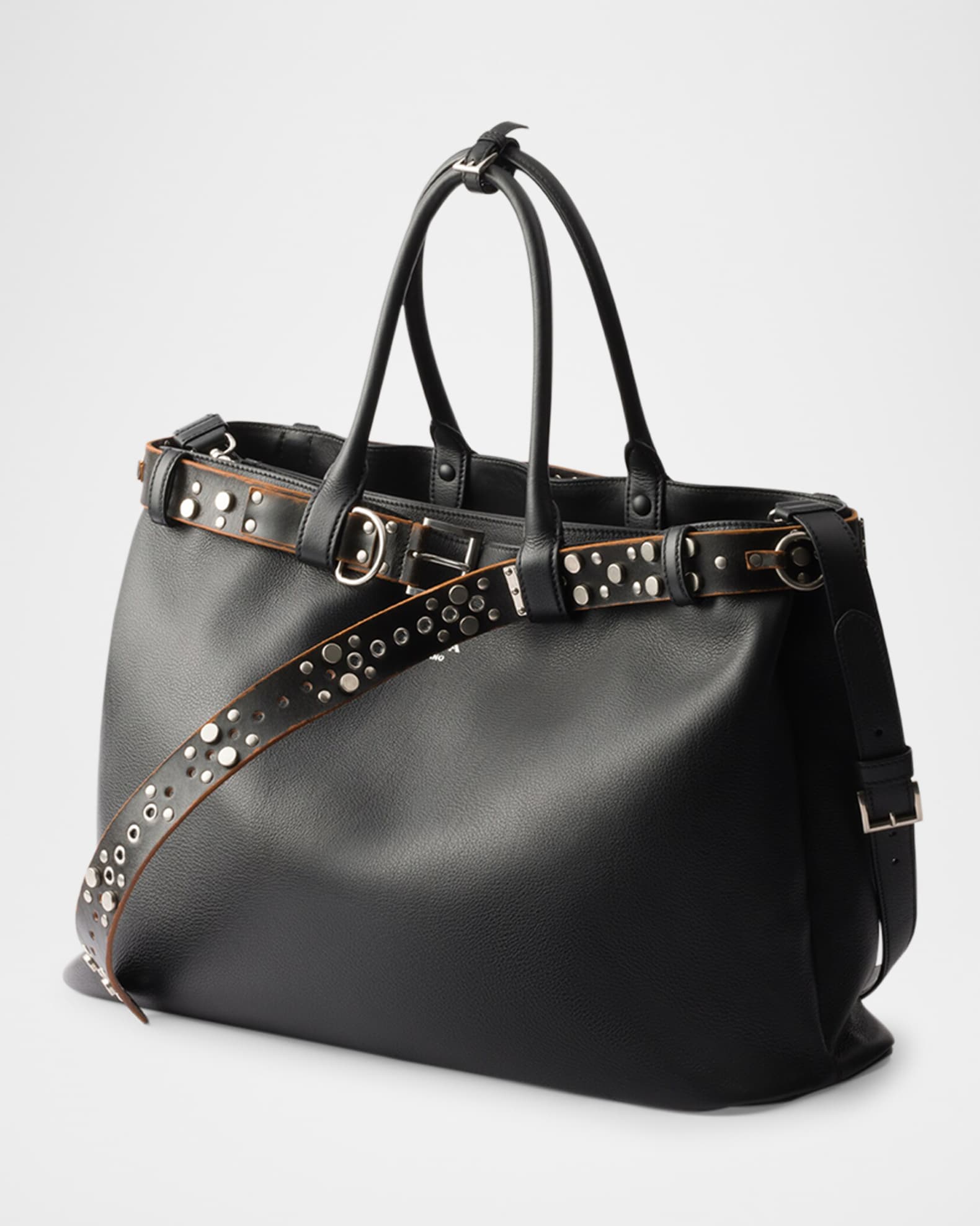 Prada Men's Buckle Leather Bag with Studded Belt | Neiman Marcus