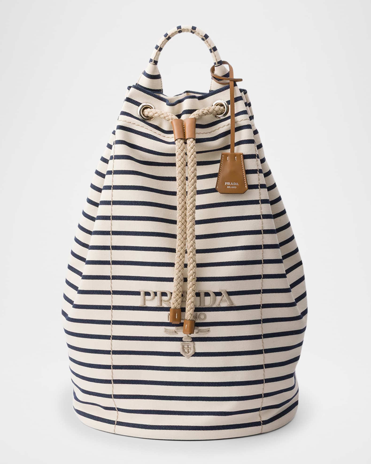 バックパック・リュック PRADA CANVAS DRAWSTRING DUFFEL BAG Prada Men's Striped Canvas Drawstring Duffel Bag | Neiman Marcus