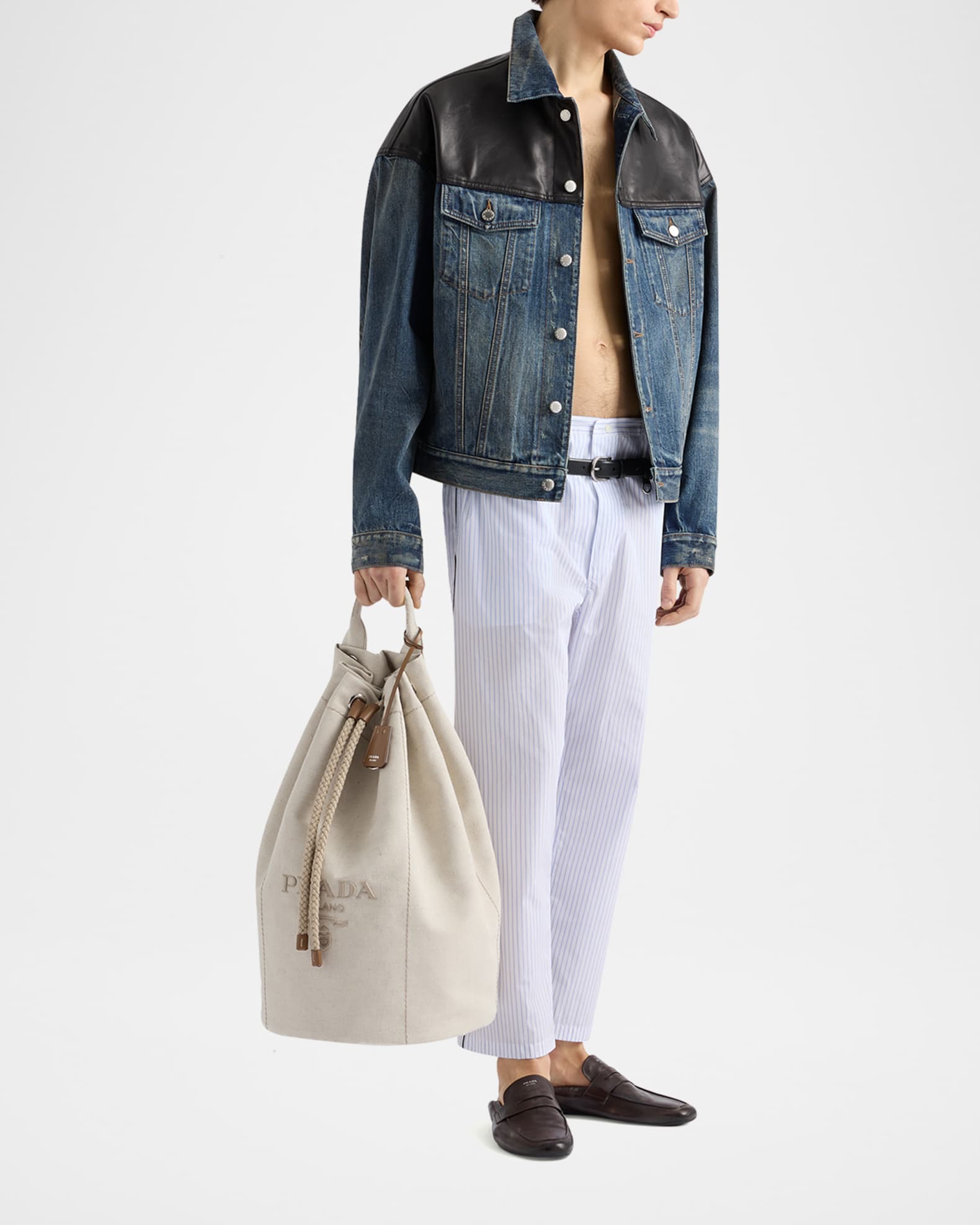 Prada Men's Denim and Leather Jacket | Neiman Marcus