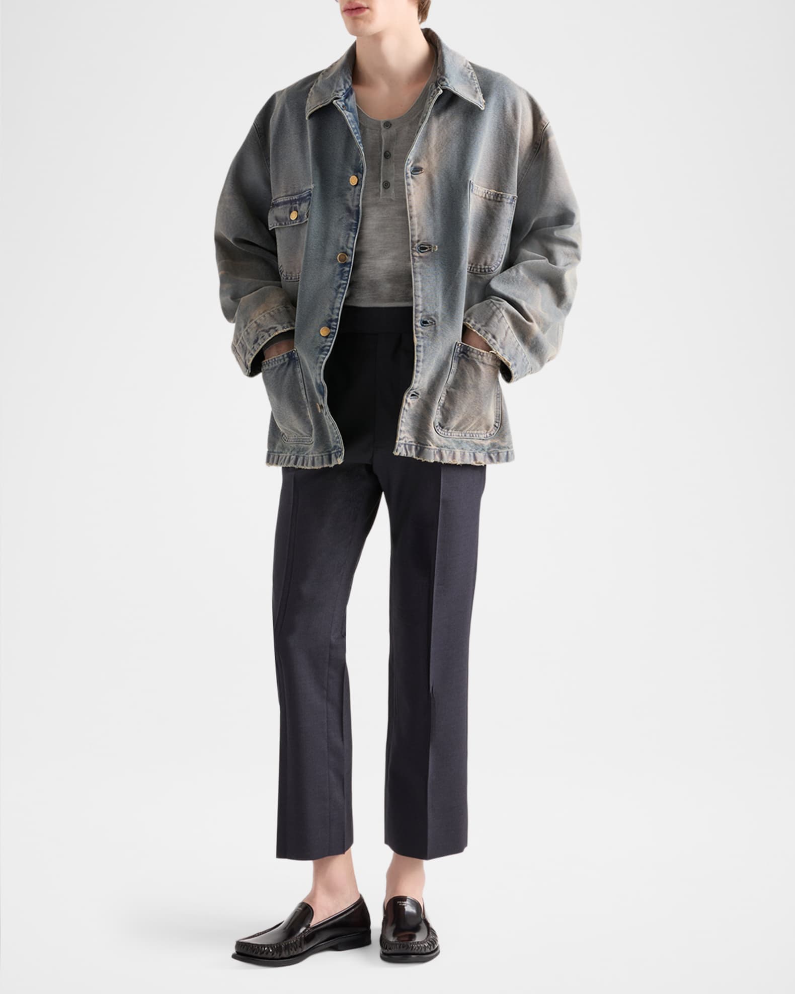 Prada Men's Distressed Canvas Shirt Jacket | Neiman Marcus