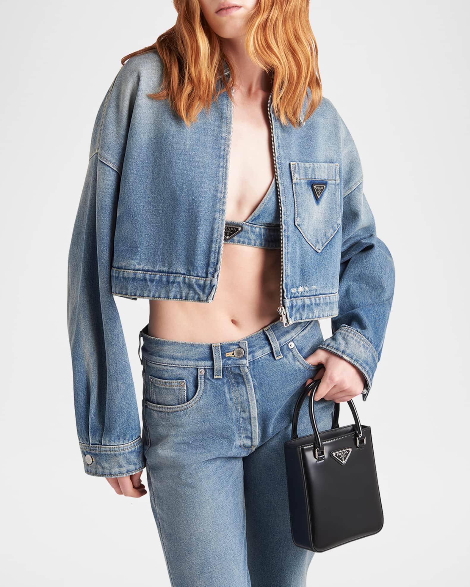 Prada Cropped Zip-Front Denim Jacket | Neiman Marcus