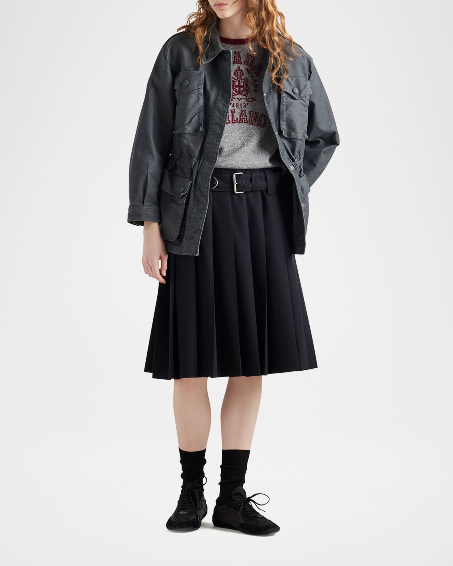 Prada Pleated Wool Belted Skirt | Neiman Marcus