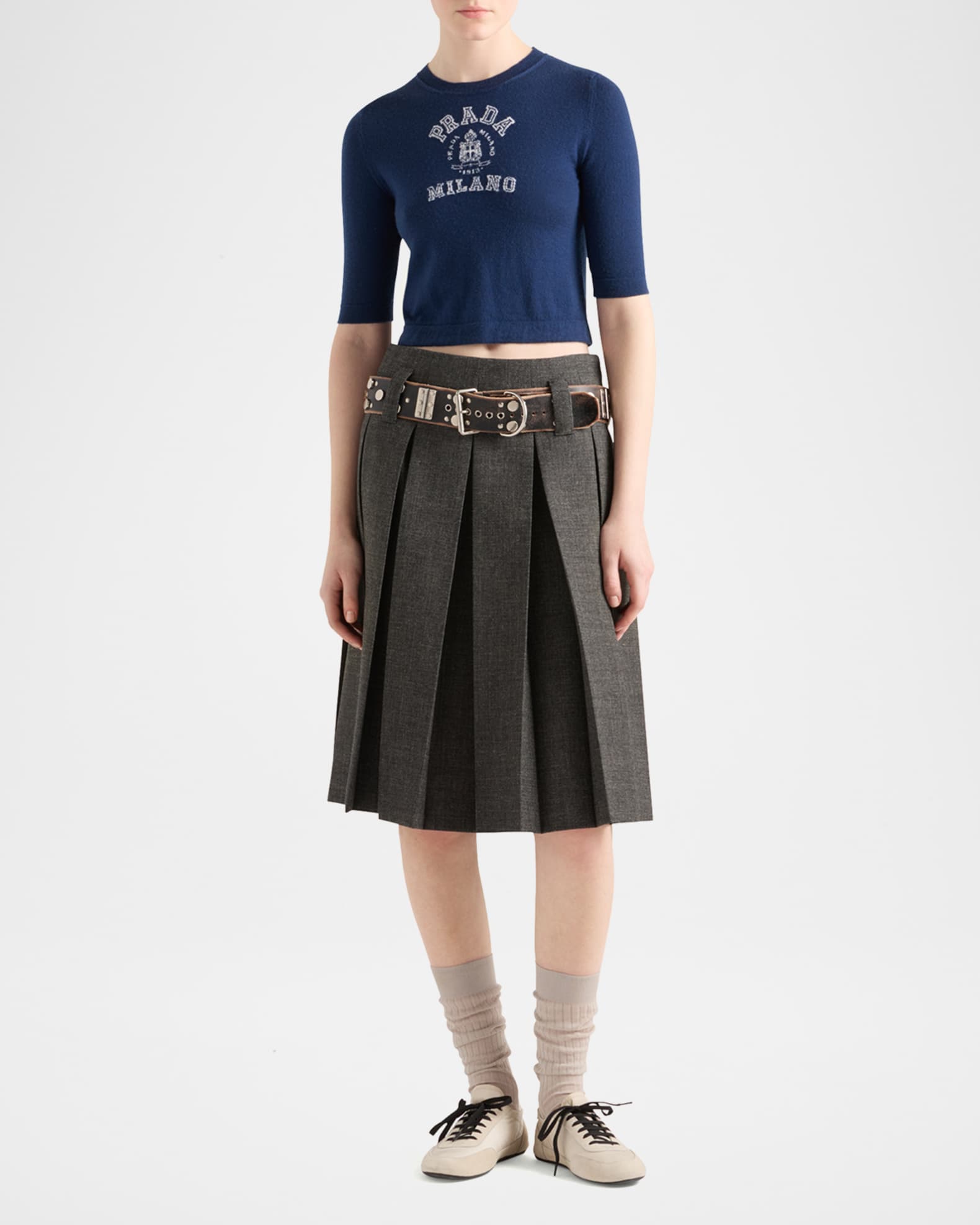 Prada Intarsia Logo Short-Sleeve Cashmere Sweater | Neiman Marcus