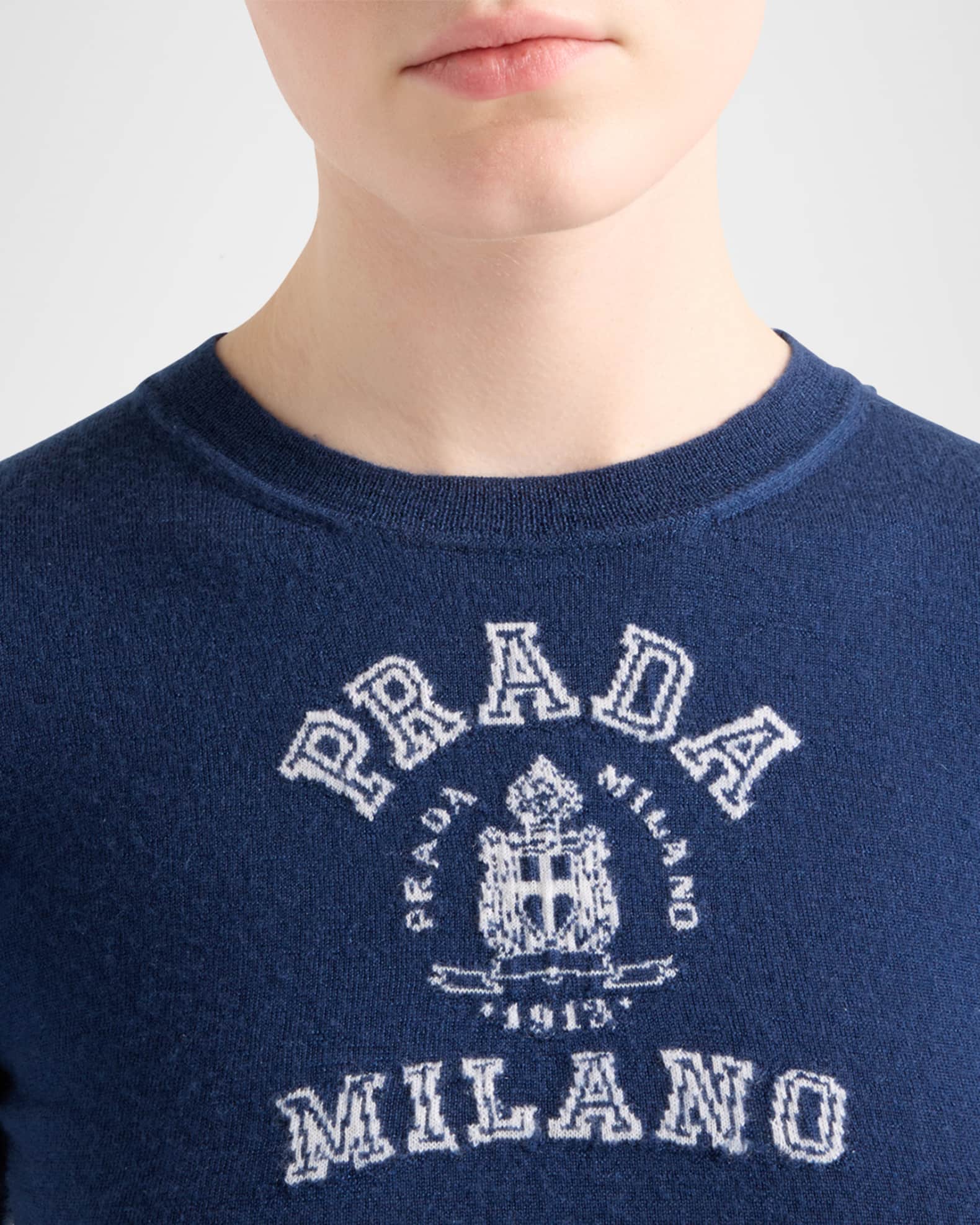 Prada Intarsia Logo Short-Sleeve Cashmere Sweater | Neiman
