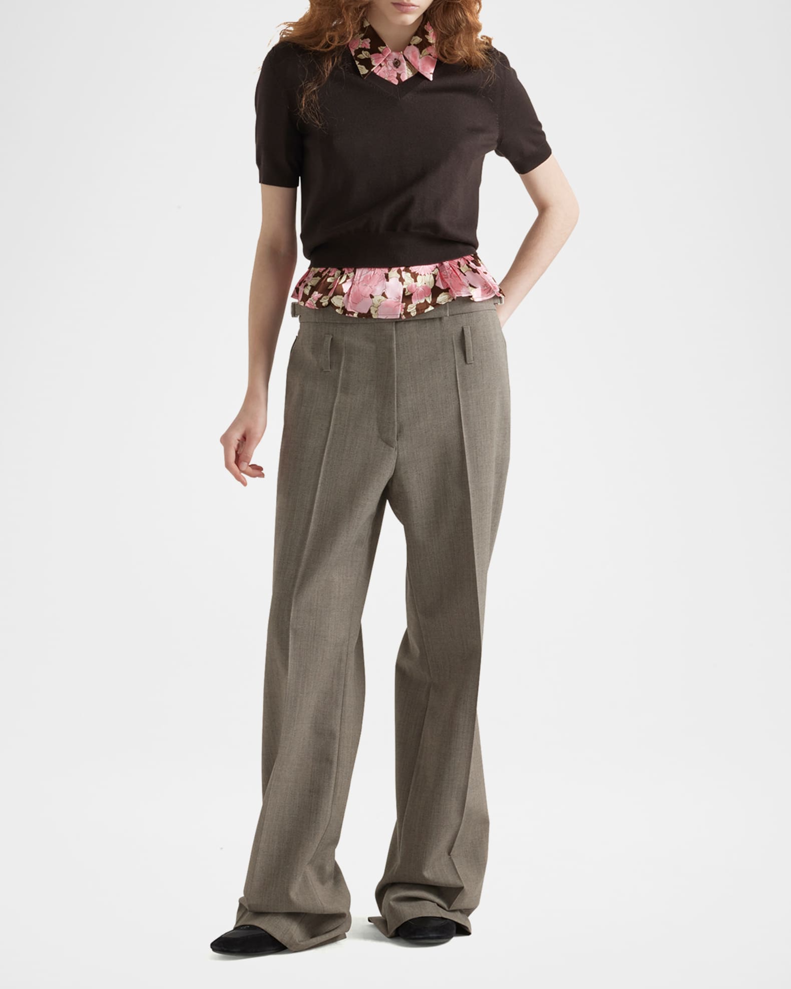 prada v neck knit ニット Prada V-Neck Short Sleeve Boxy Wool Sweater | Neiman Marcus