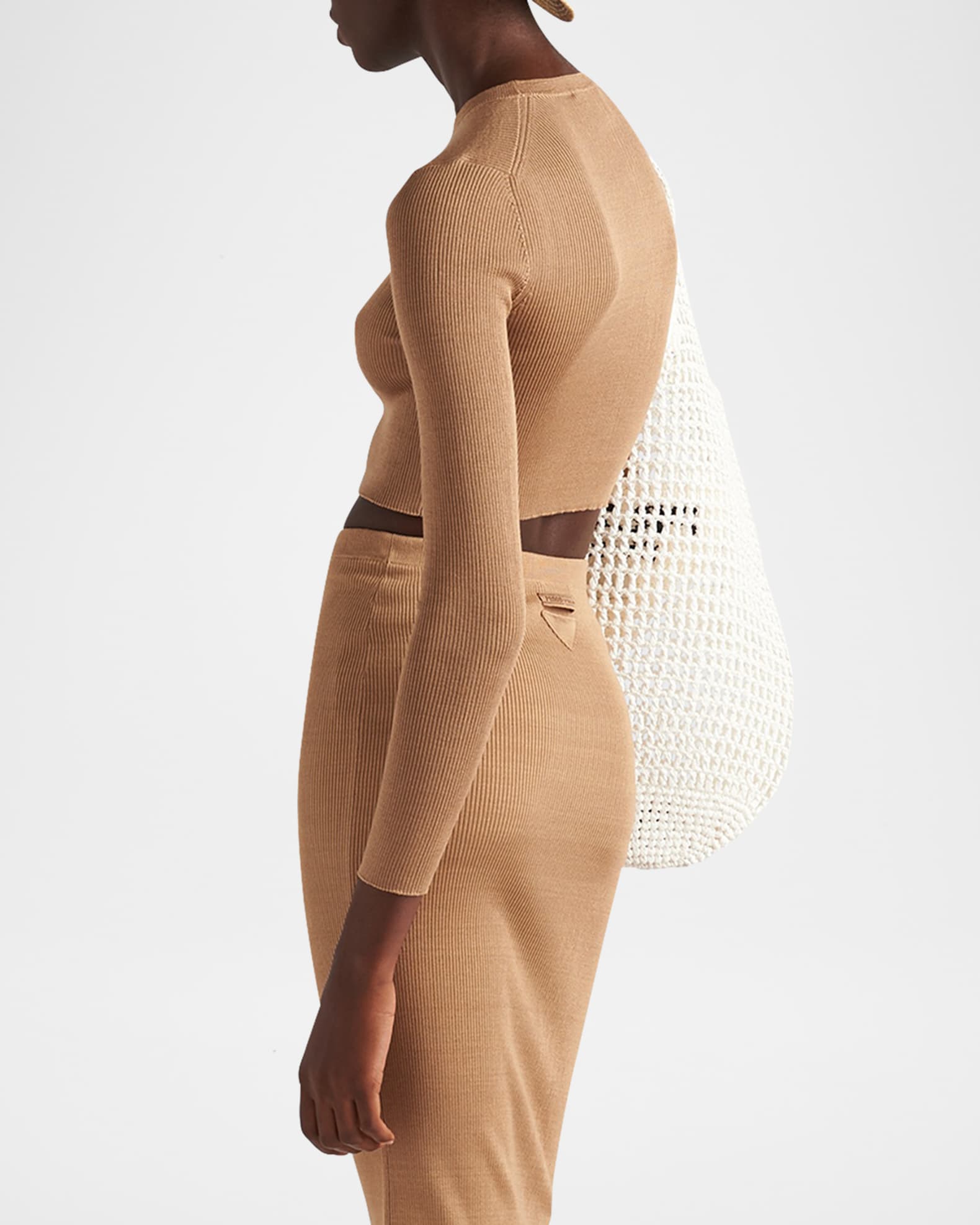 Prada Logo-Intarsia Rib Cropped Silk Sweater | Neiman Marcus