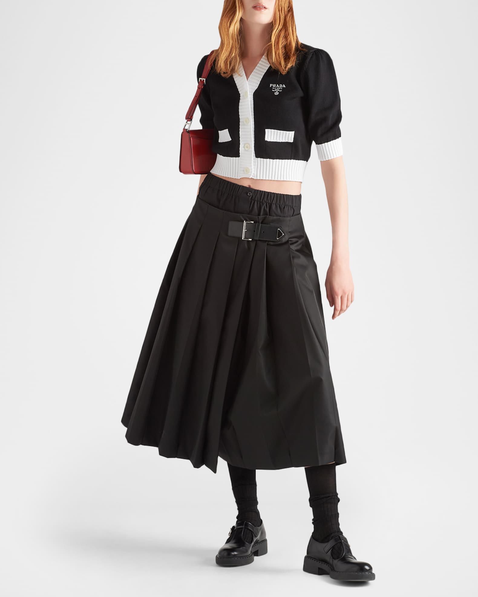 Prada Short-Sleeve Cropped Contrast-Trim Cardigan | Neiman Marcus