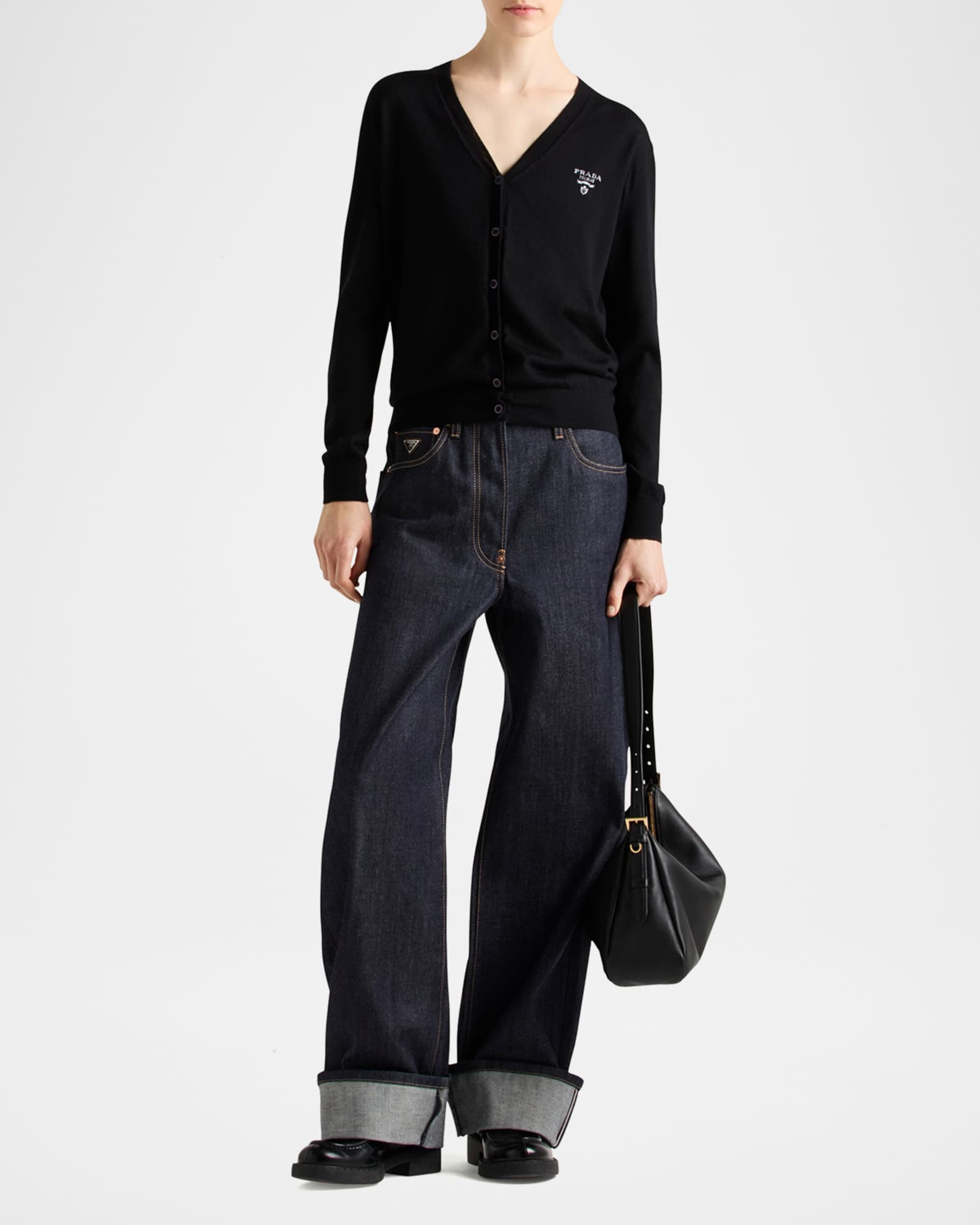 Logo Intarsia V-Neck Superfine Cashmere Cardigan 1