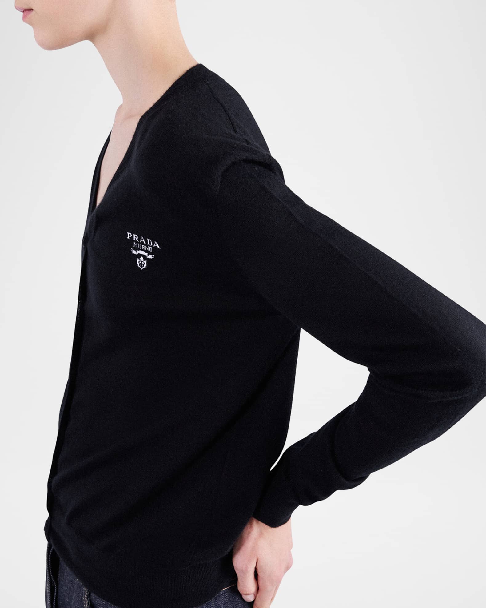 Prada Logo Intarsia V-Neck Superfine Cashmere Cardigan