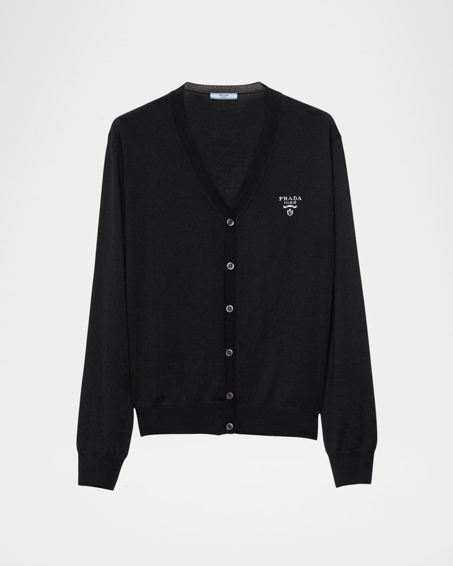 Prada Logo Intarsia V-Neck Superfine Cashmere Cardigan