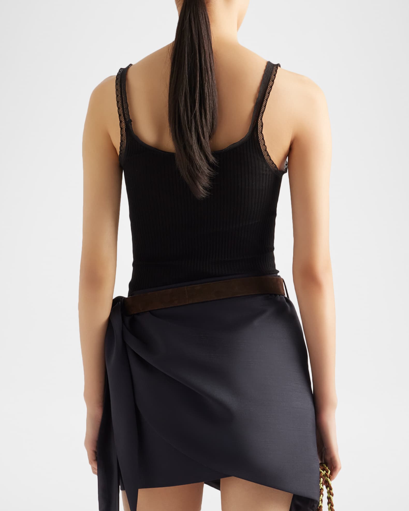 Prada Ribbed Lace-Trim Tank Top with Triangle Logo | Neiman