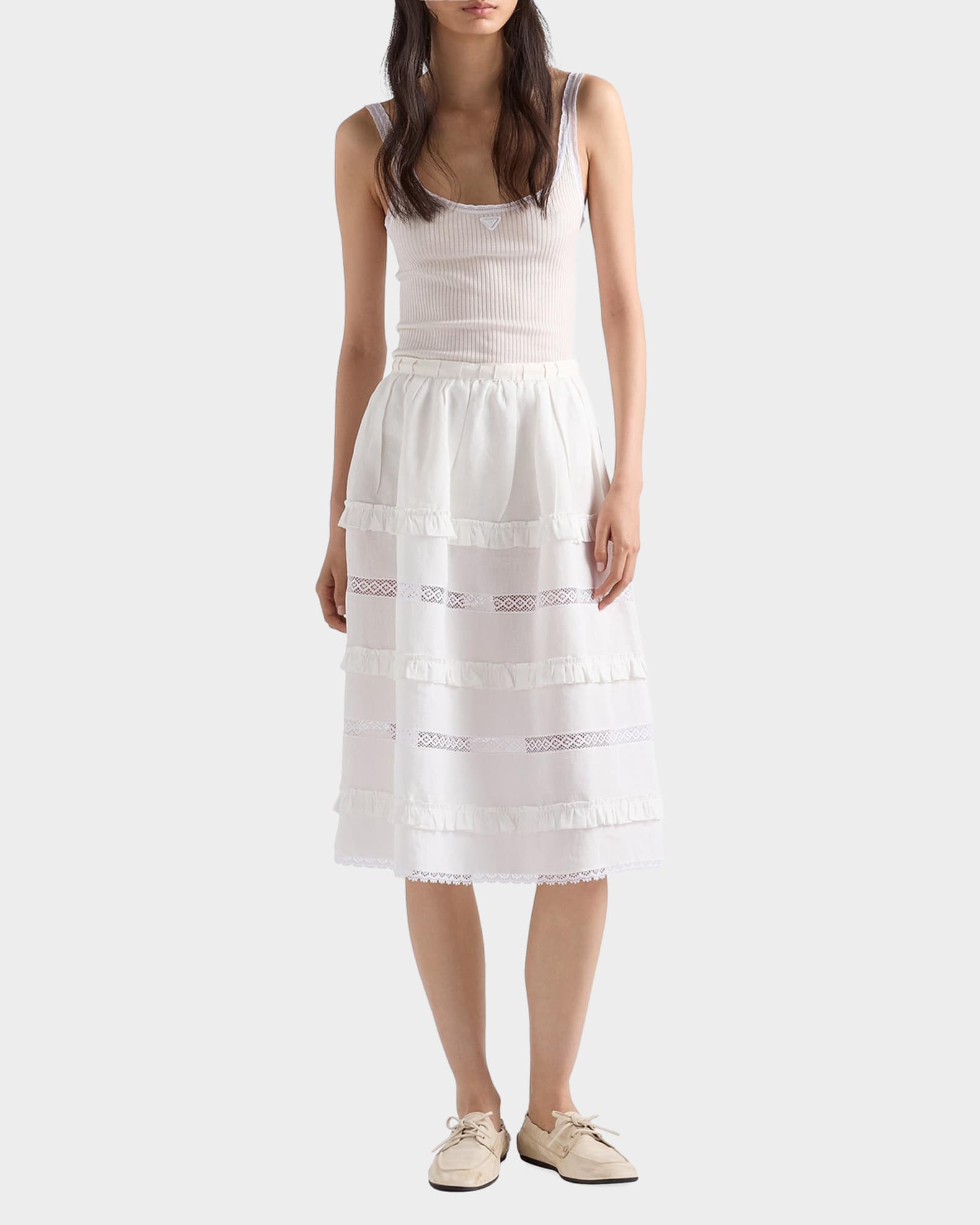 Prada Ribbed Lace-Trim Tank Top with Triangle Logo | Neiman Marcus