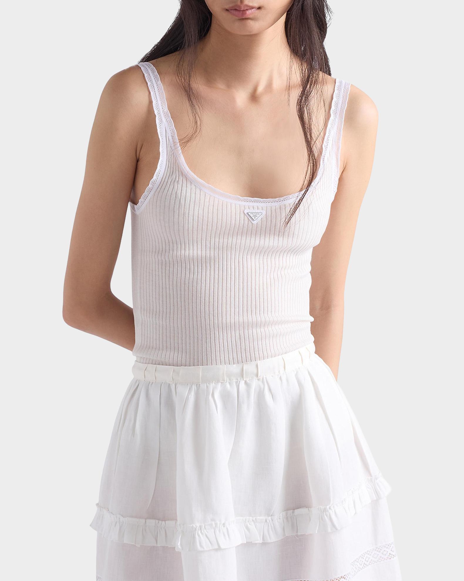Prada Ribbed Lace-Trim Tank Top with Triangle Logo | Neiman Marcus