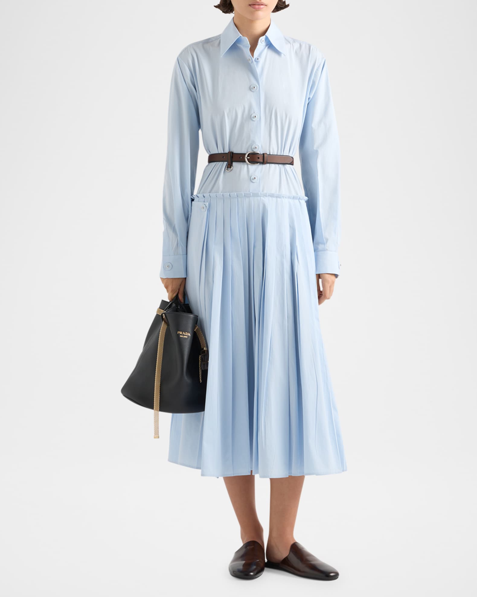 Prada Long-Sleeve Pleated Poplin Shirtdress | Neiman Marcus