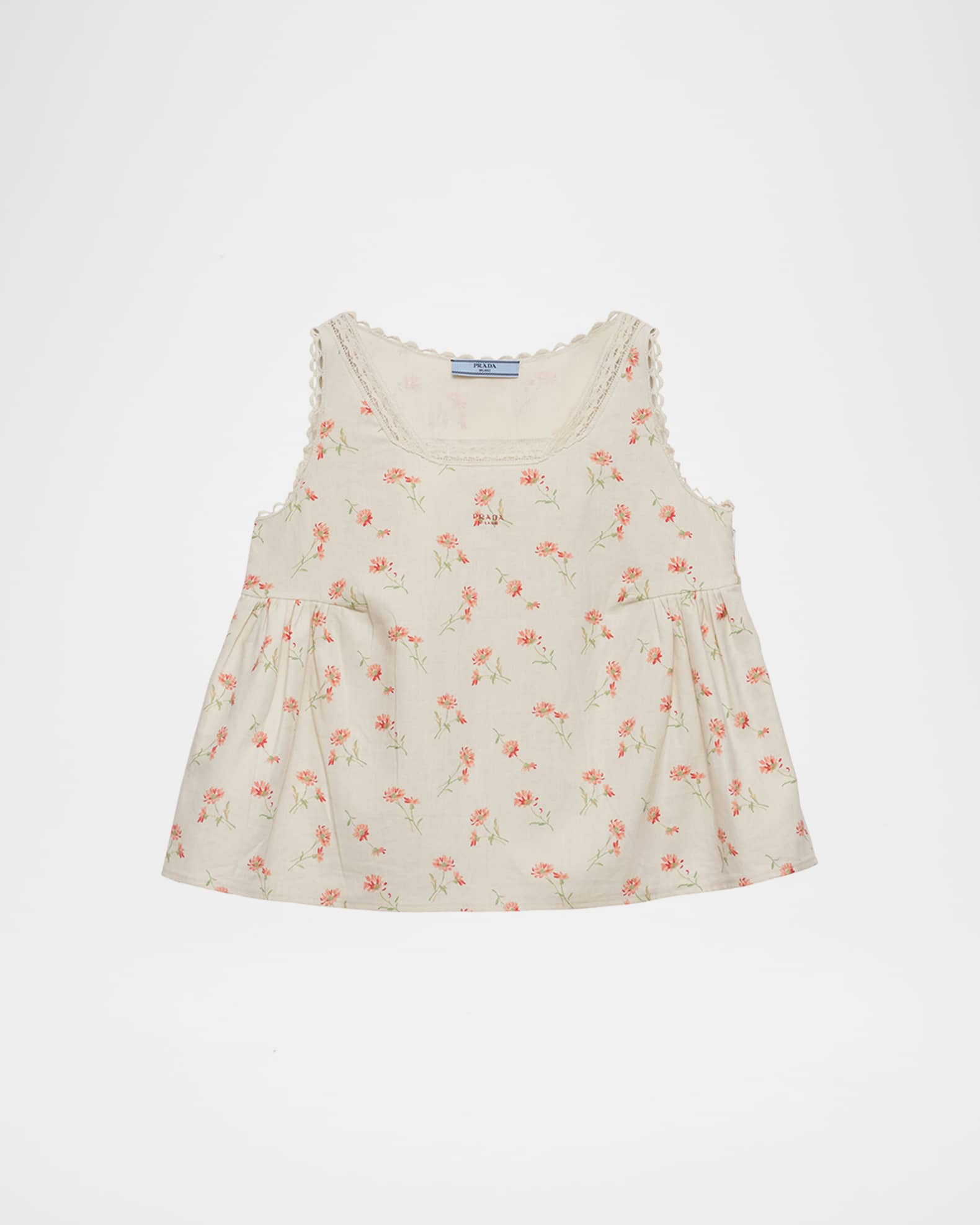 Prada Floral-Print Linen Sleeveless Babydoll Top | Neiman Marcus