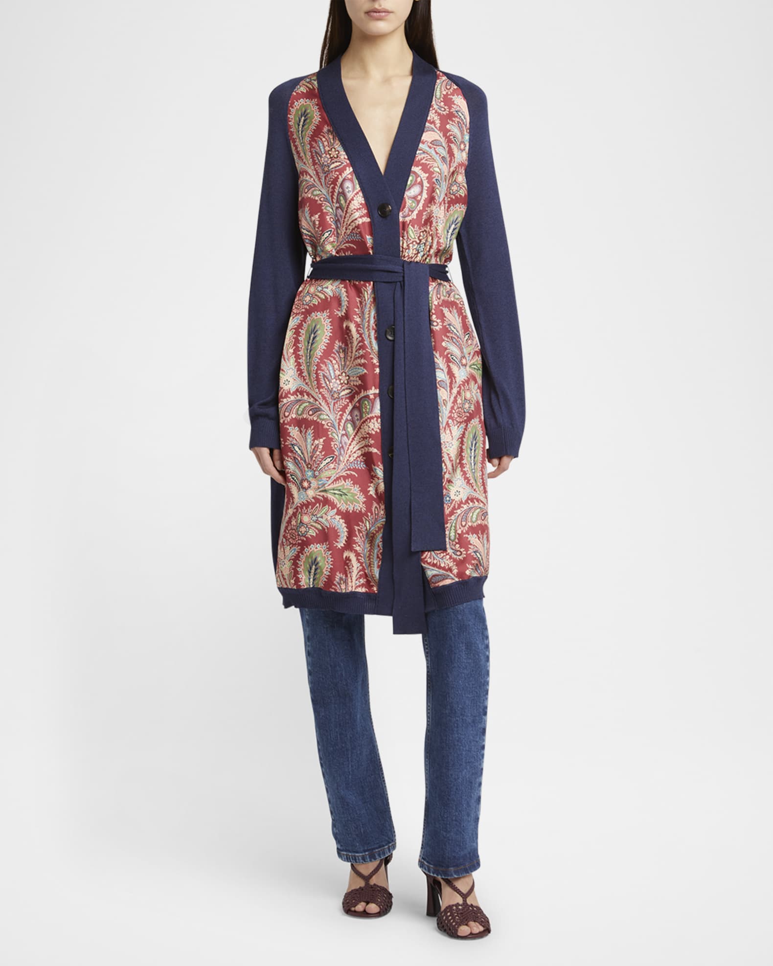 Etro Floral Foulard-Panel Belted Long Cardigan | Neiman Marcus