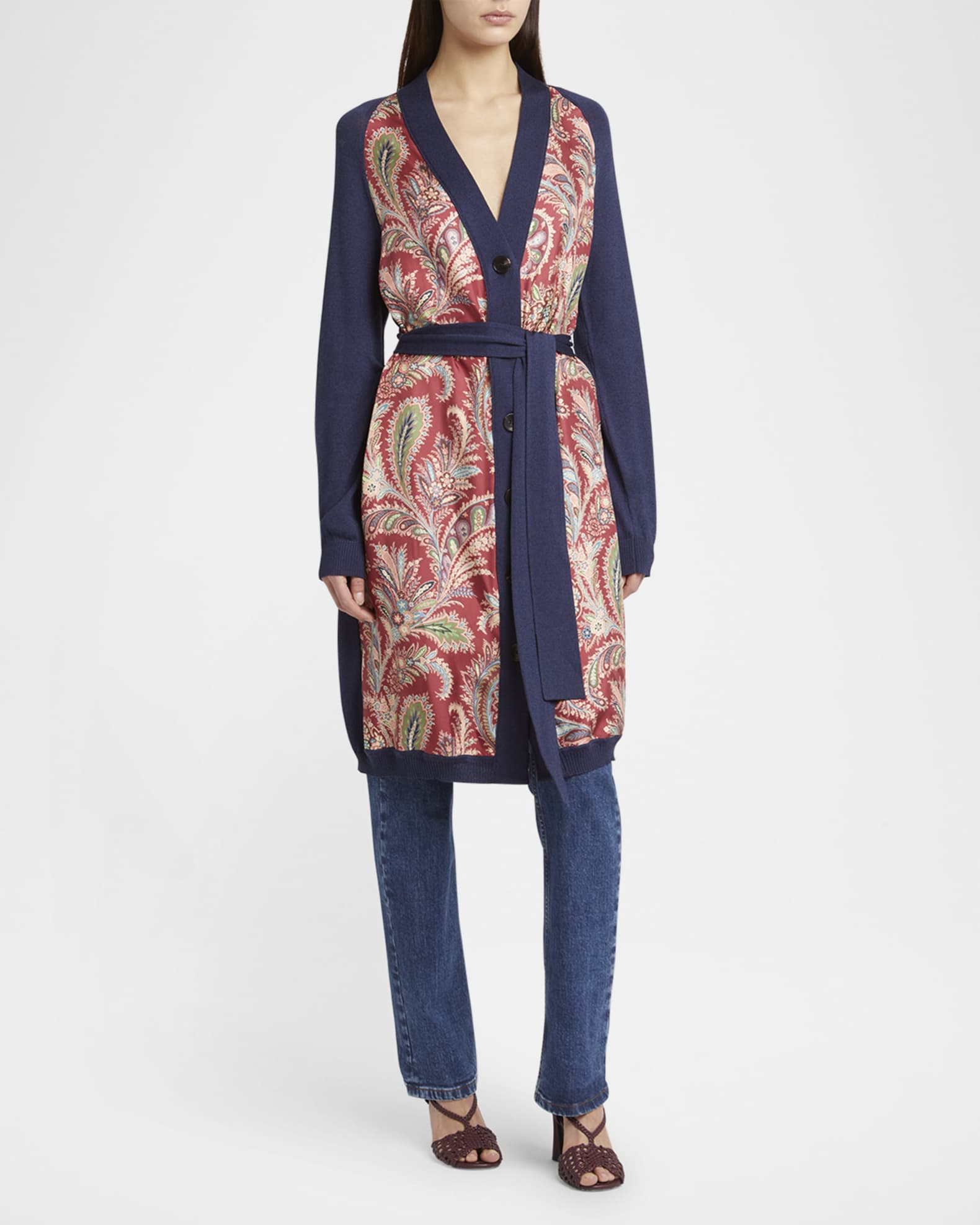 Etro Floral Foulard-Panel Belted Long Cardigan | Neiman Marcus