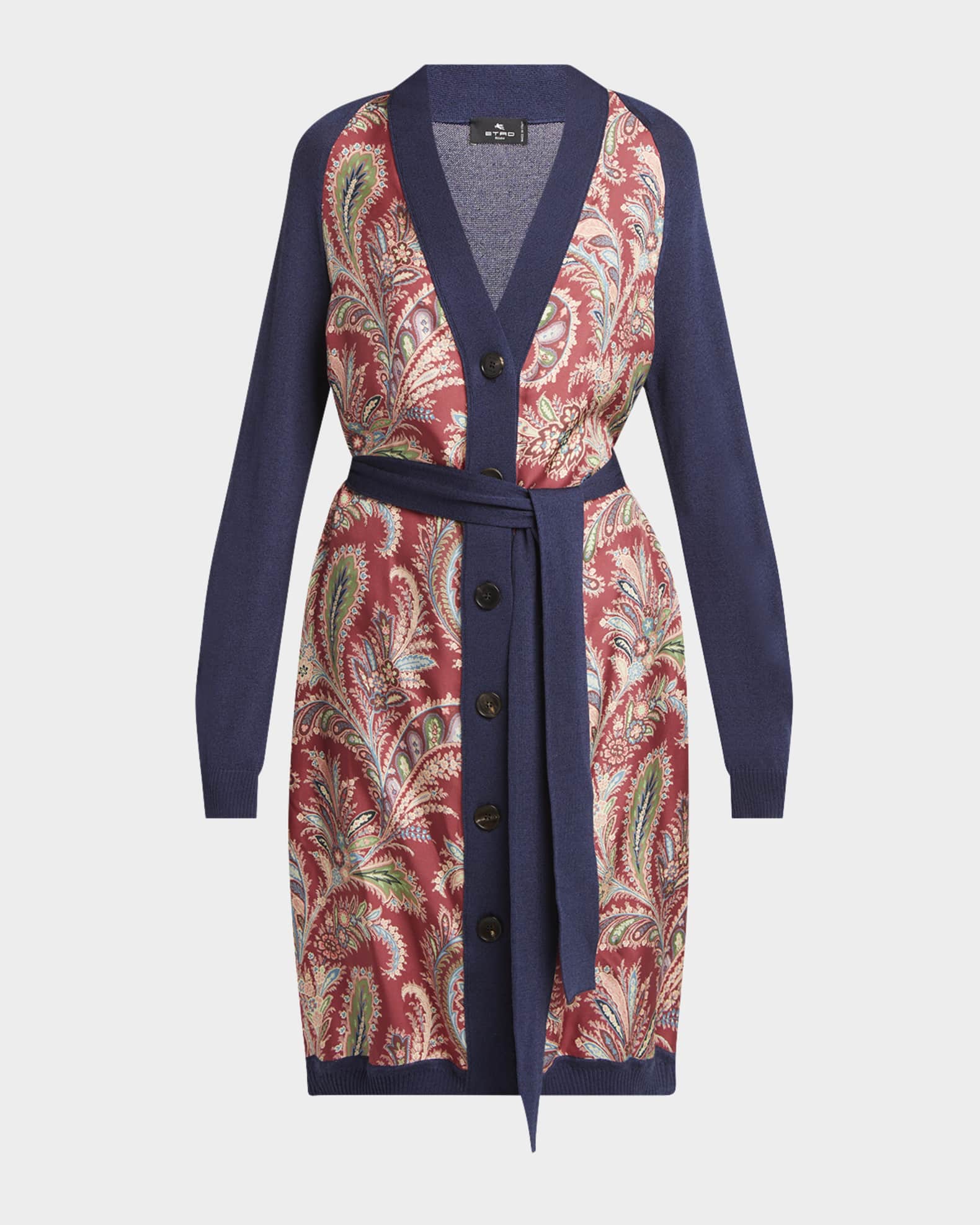 Etro Floral Foulard-Panel Belted Long Cardigan | Neiman Marcus