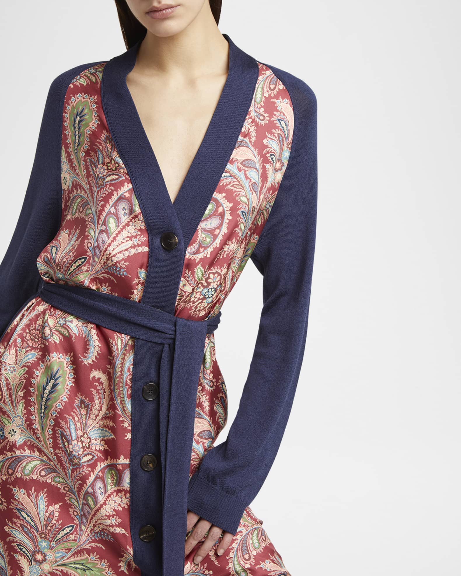 Etro Floral Foulard-Panel Belted Long Cardigan | Neiman Marcus