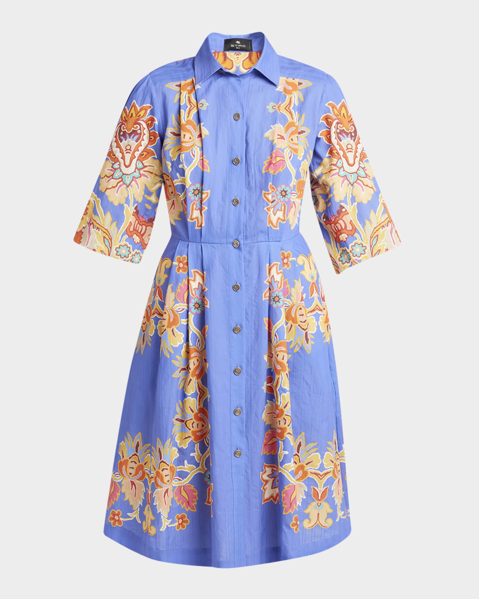 Pleated Blue Bouquet Puff-Sleeve Shirtdress 0