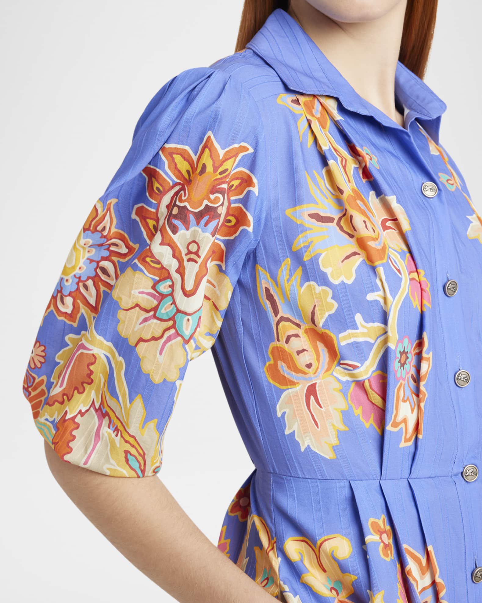Etro Pleated Blue Bouquet Puff-Sleeve Shirtdress | Neiman Marcus