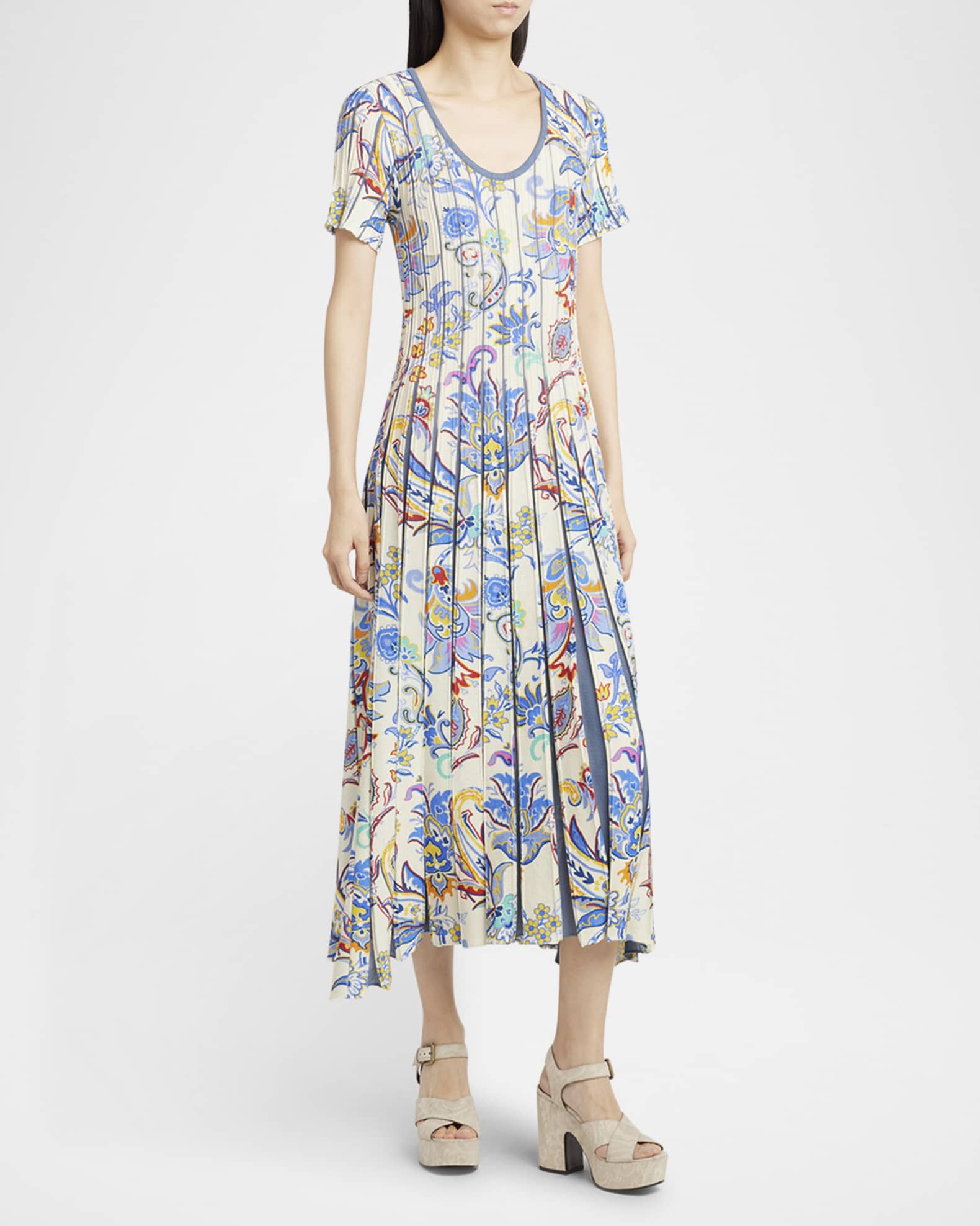 Etro Blue Bouquet Pleated Knit Midi Sweater Dress | Neiman Marcus