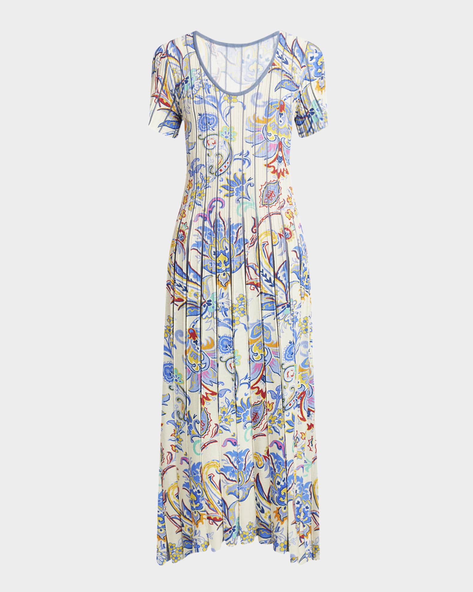 Blue Bouquet Pleated Knit Midi Sweater Dress 0