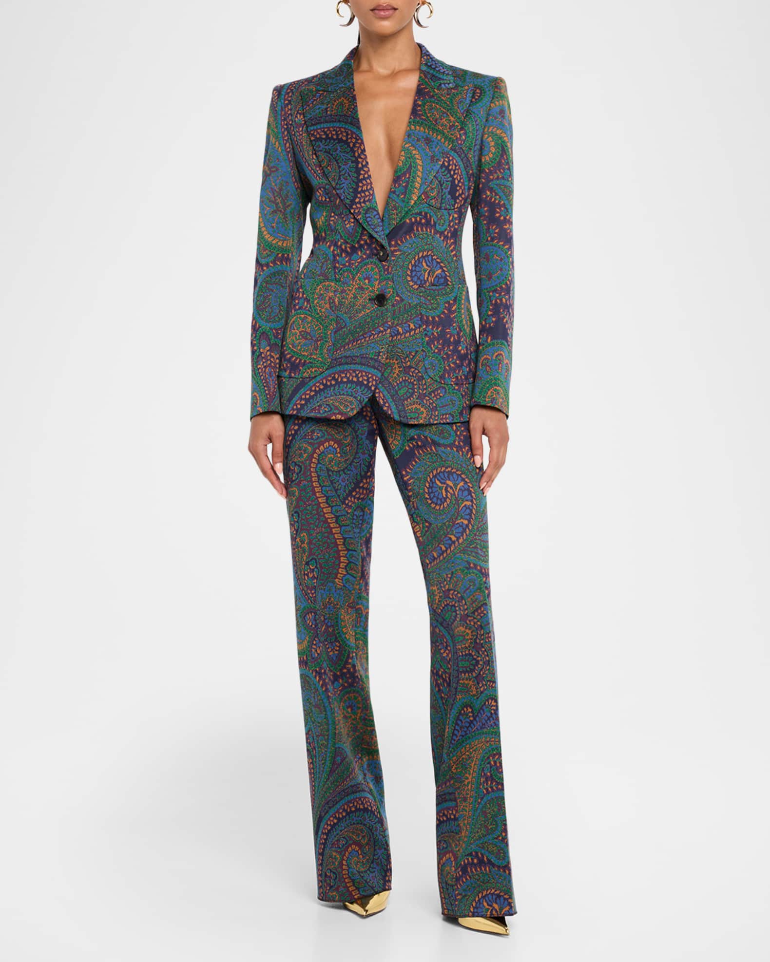 Etro Paisley Green Knit Jacquard Straight-Leg Pants | Neiman