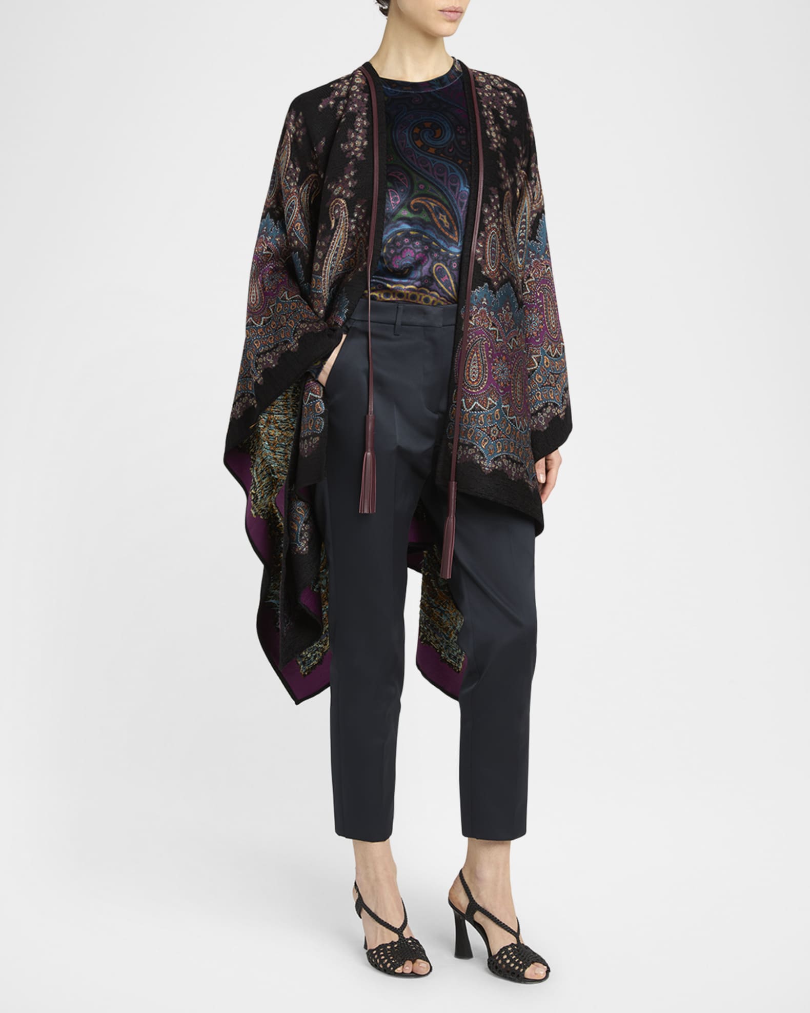 ETRO シルク バンダナ キルティング中綿ベスト チャコール 38 Etro Metallic Midnight Dream Cape With Leather Trim | Neiman Marcus