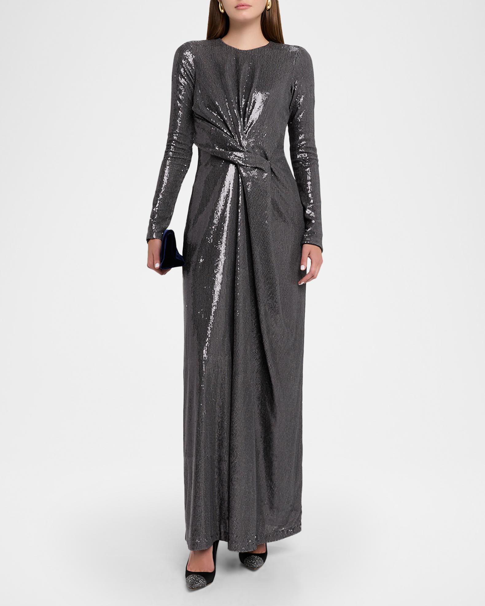 neiman marcus formal evening dresses Kate Barton Long-Sleeve Draped Sequin Gown, Charcoal, Women's, 0 Gala Gowns Mother of the Bride Groom Long-Sleeve Gowns Silhouette:WRAP