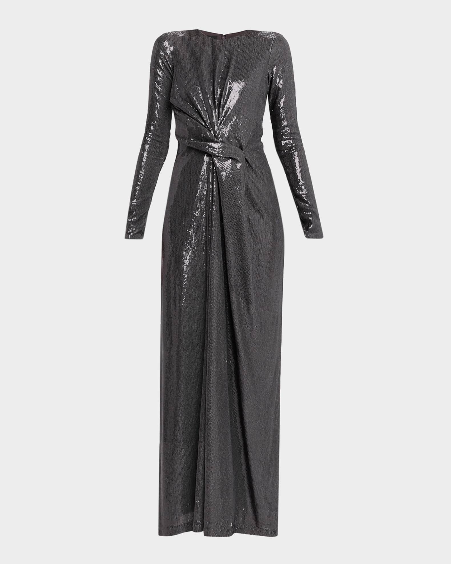 Kate Barton Long-Sleeve Draped Sequin Gown | Neiman Marcus