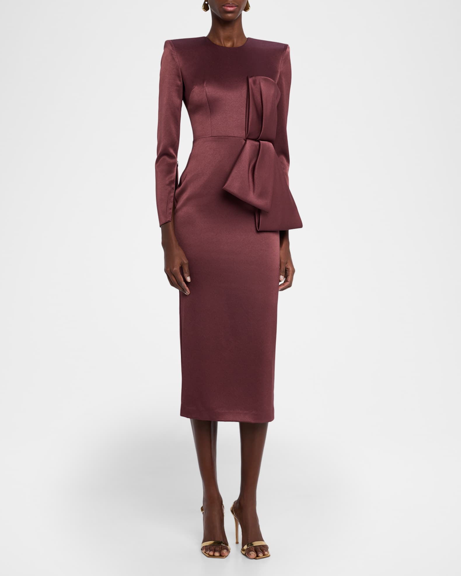 Alex Perry Bow Satin Crepe Long-Sleeve Midi Dress | Neiman Marcus