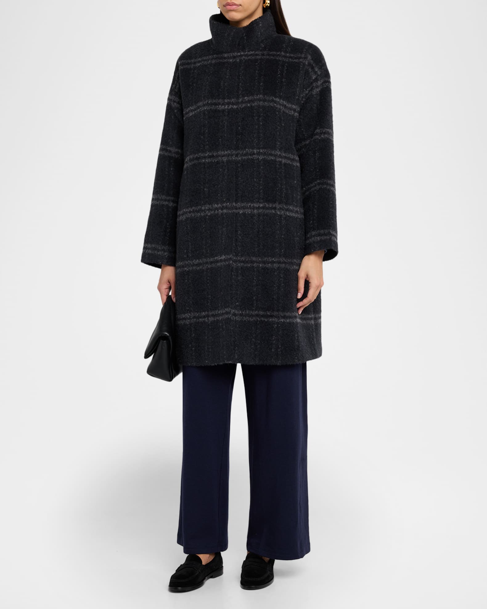 Eileen Fisher Stand-Collar Windowpane Luxe Alpaca Coat | Neiman Marcus