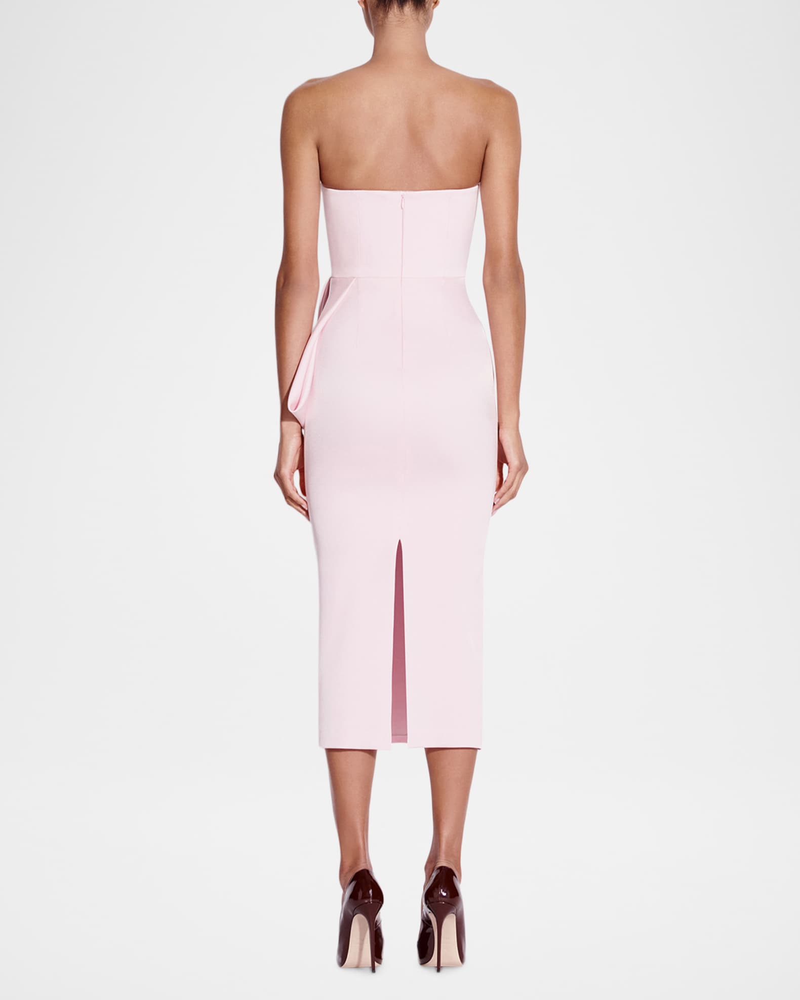 Alex Perry Strapless Bow Satin Crepe Midi Dress | Neiman Marcus