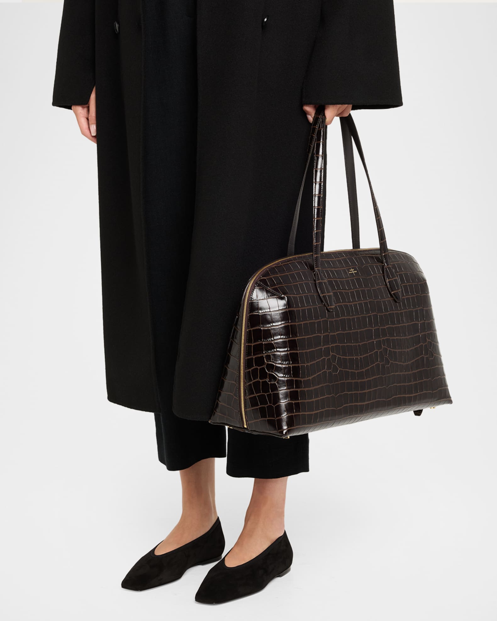 Curved Croc-Embossed Leather Day Tote Bag 1