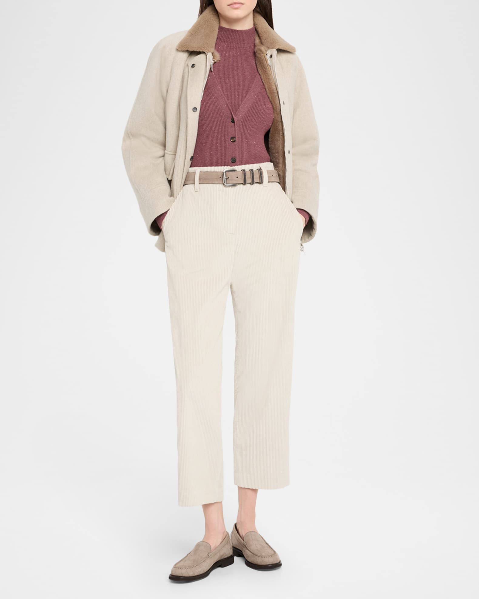 Brunello Cucinelli Metallic Cashmere Rib Knit V-Neck Cardigan